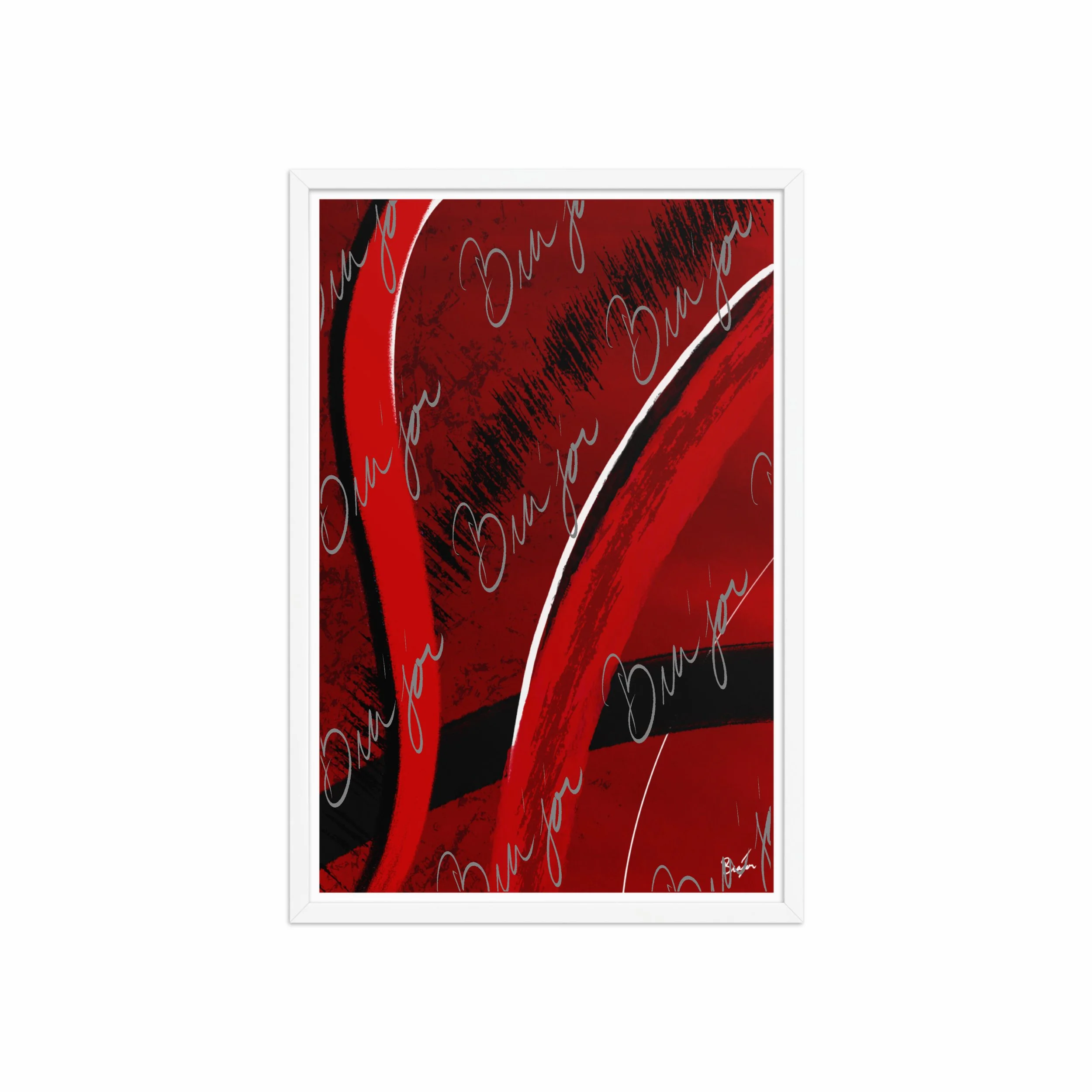 20x30 White Framed Abstract artwork titled Feel designed by the digital abstract artist Bra'jor. Artwork includes the colors Red, Black, Blue, and White