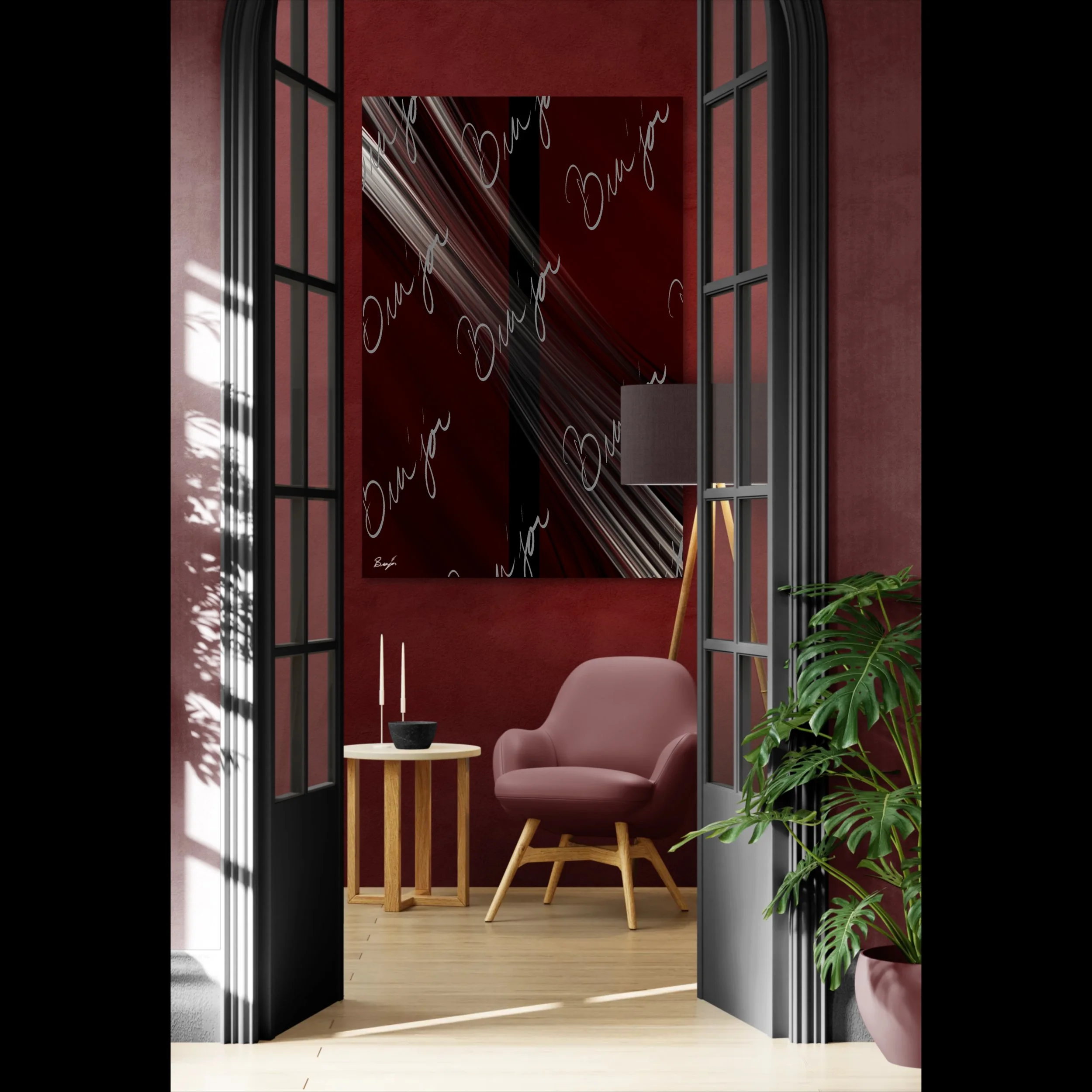 XL Canvas abstract artwork titled Still Standing designed by the digital abstract artist Bra'jor. Artwork includes the colors Maroon, Red, Black, and White