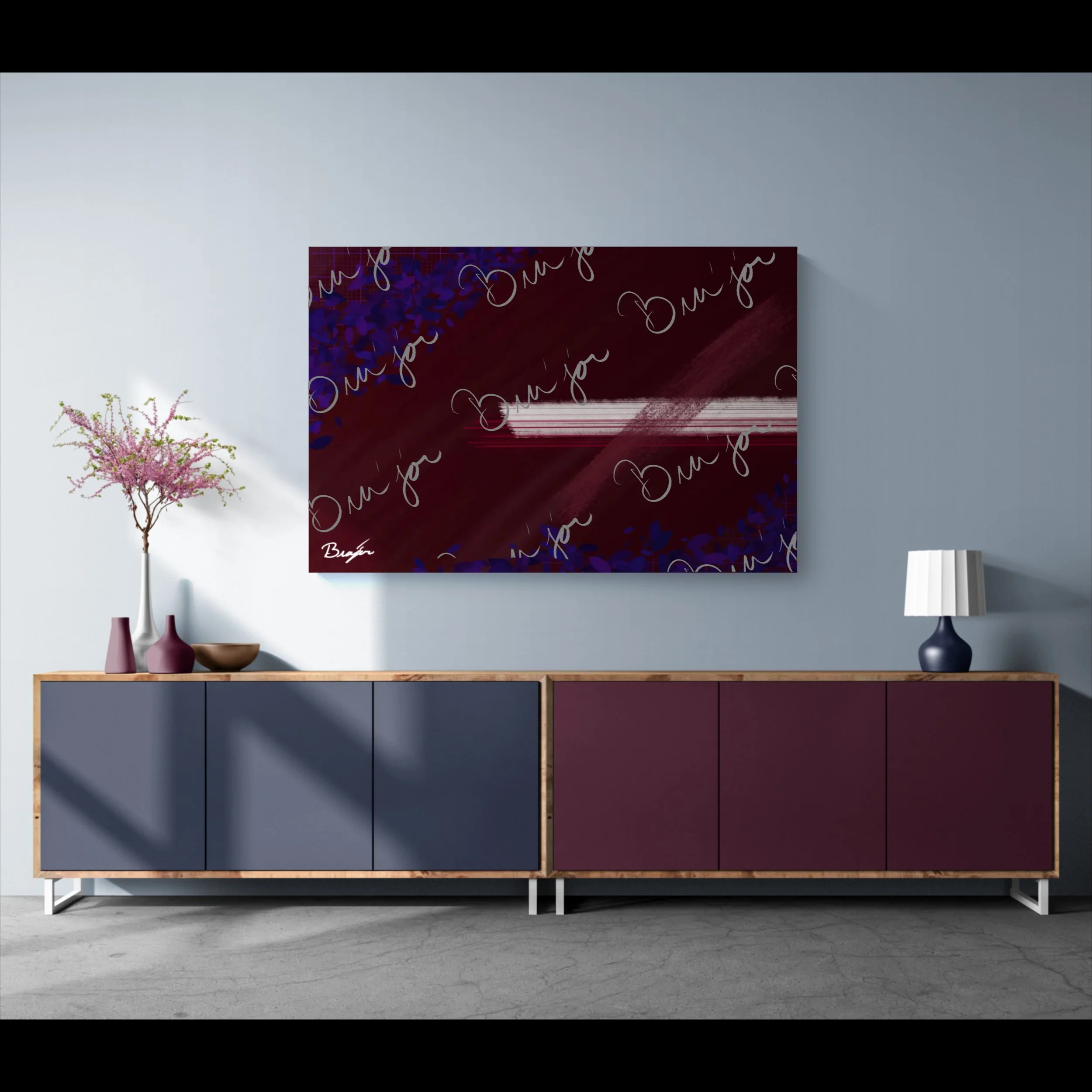 Abstract artwork titled Guarded designed by the digital abstract artist Bra'jor. Artwork includes the colors Maroon, Black, Blue, and White