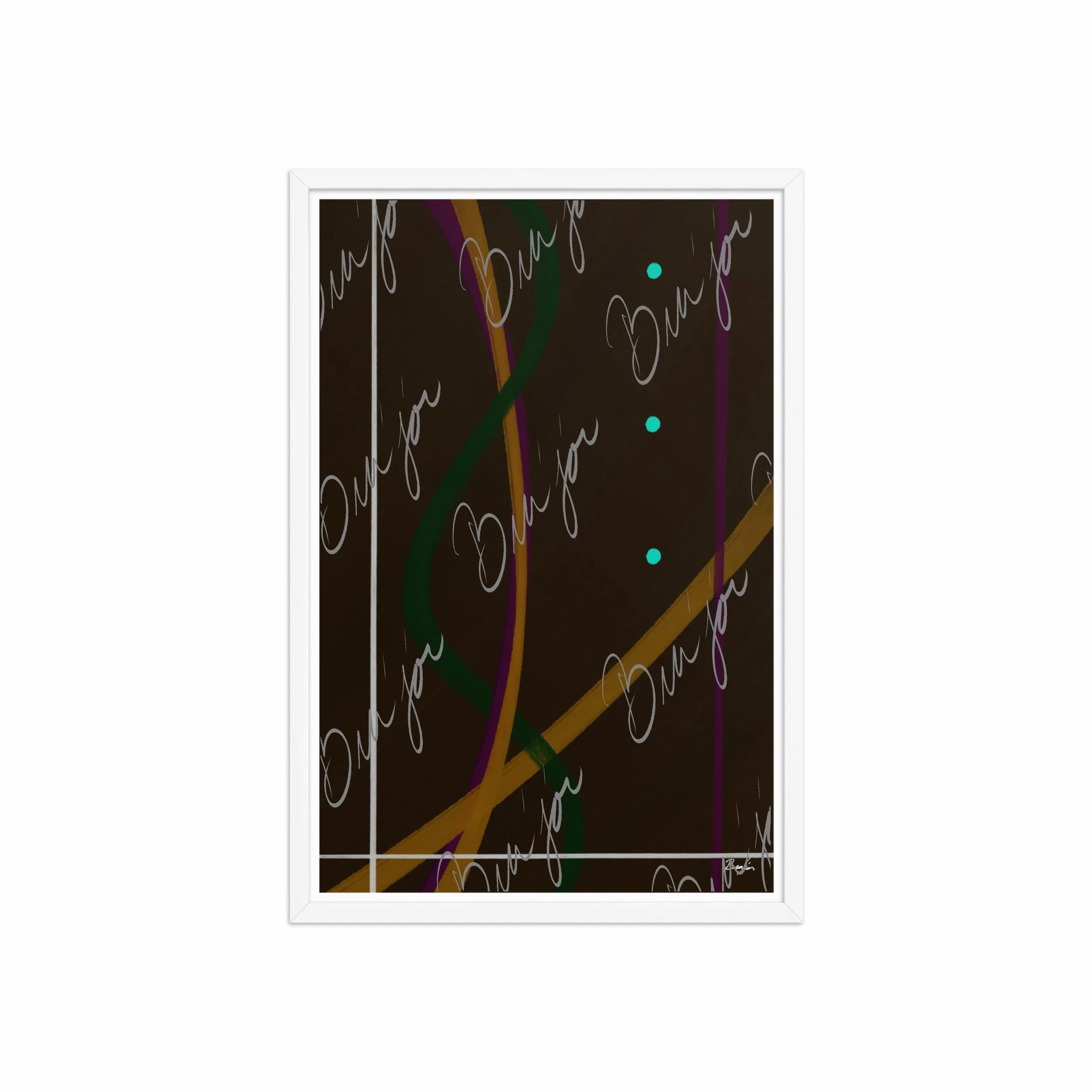 20x30 White Framed Abstract artwork titled Button Up designed by the digital abstract artist Bra'jor. Artwork includes the colors Orange, Purple, Green, White, and Brown