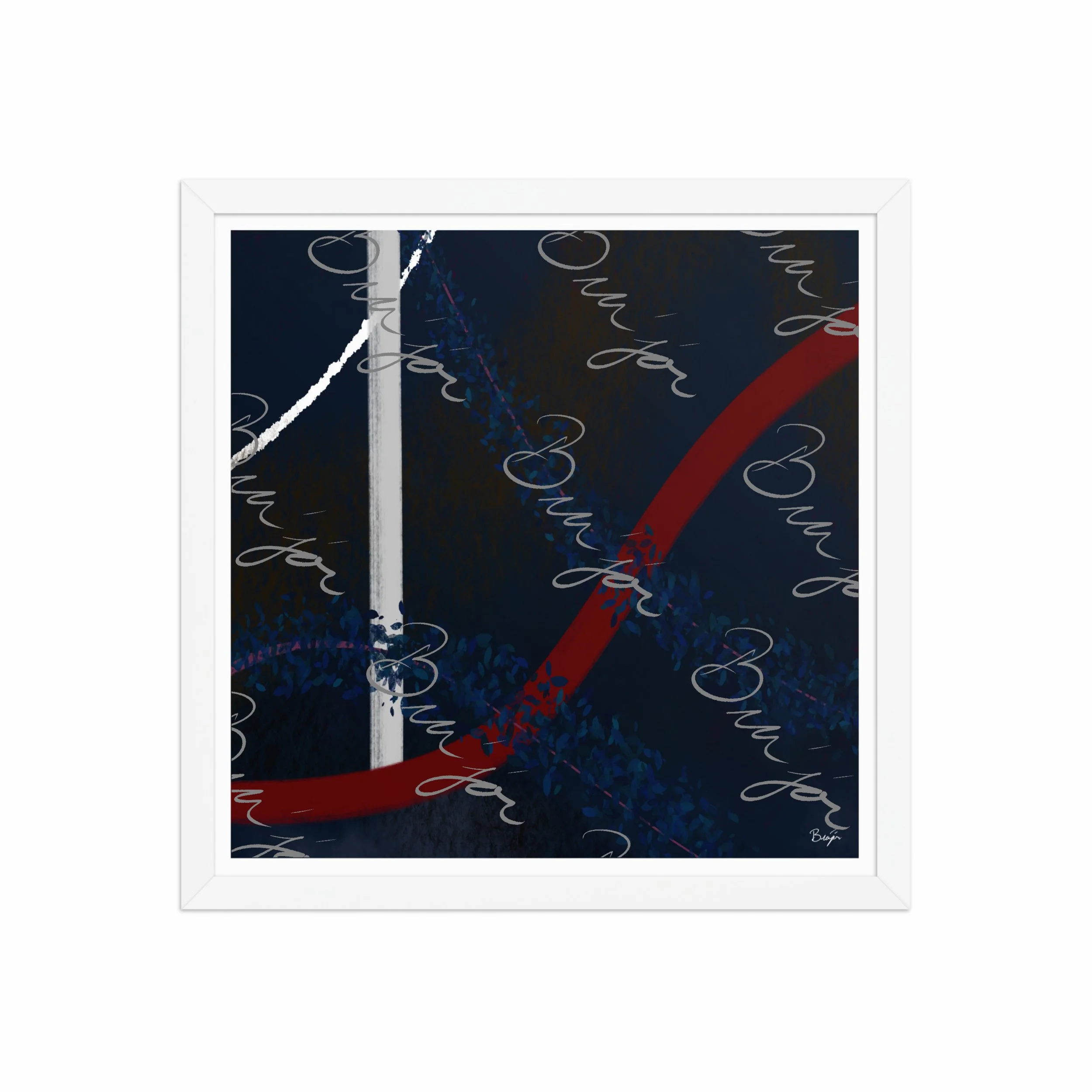 16x16 White Framed abstract artwork titled Gloomy II designed by the digital abstract artist Bra'jor. Artwork includes the colors Blue, Red, White, Pink, and Black