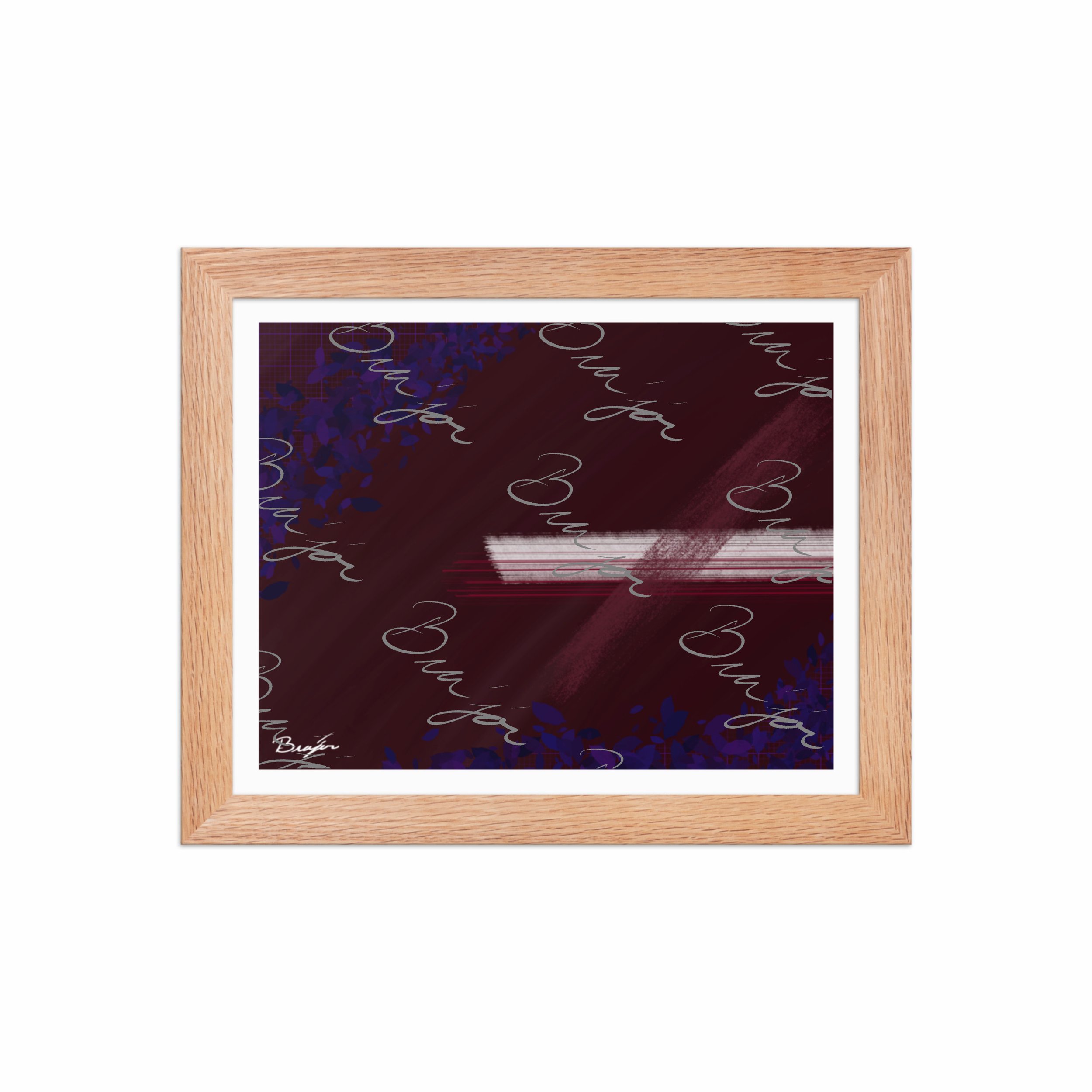 8x10 Red Oak framed abstract artwork titled Guarded designed by the digital abstract artist Bra'jor. Artwork includes the colors Maroon, Black, Blue, and White