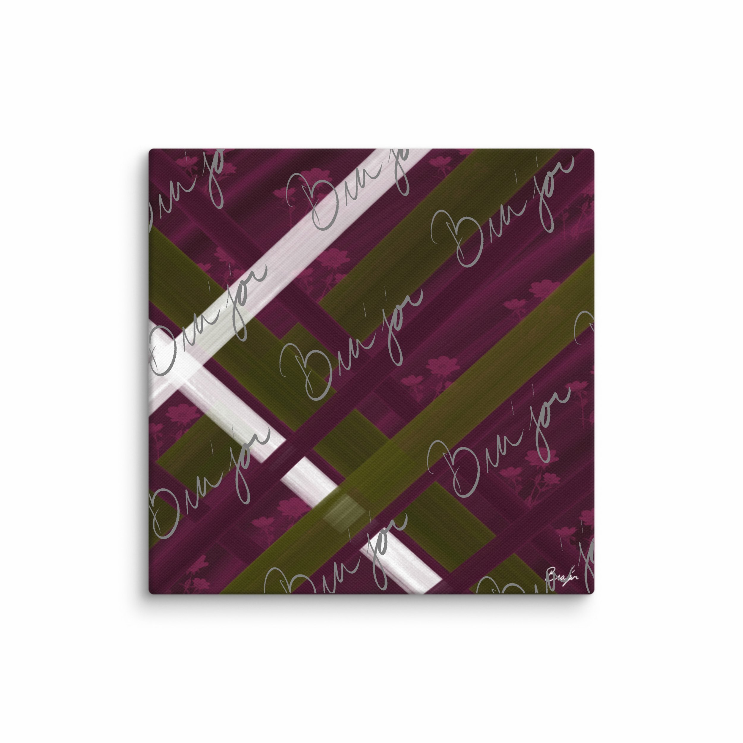 12x12 Canvas abstract artwork titled Complex designed by the digital abstract artist Bra'jor. Artwork includes the colors Purple, Pink, Olive Green, and White