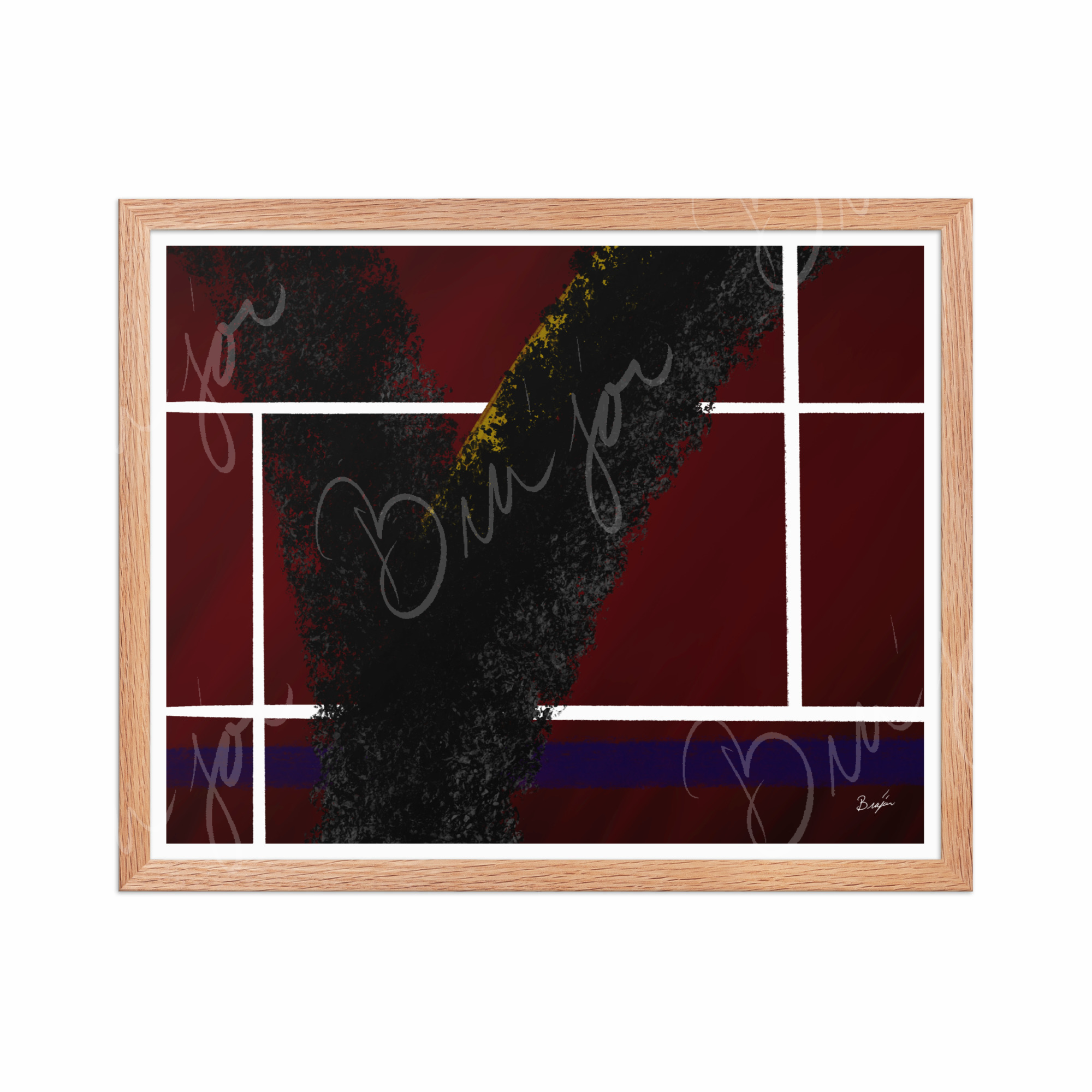 16x20 Red Oak Framed Abstract artwork titled Step Out designed by the digital abstract artist Bra'jor. Artwork includes the colors Red, White, Black, Yellow, and Blue