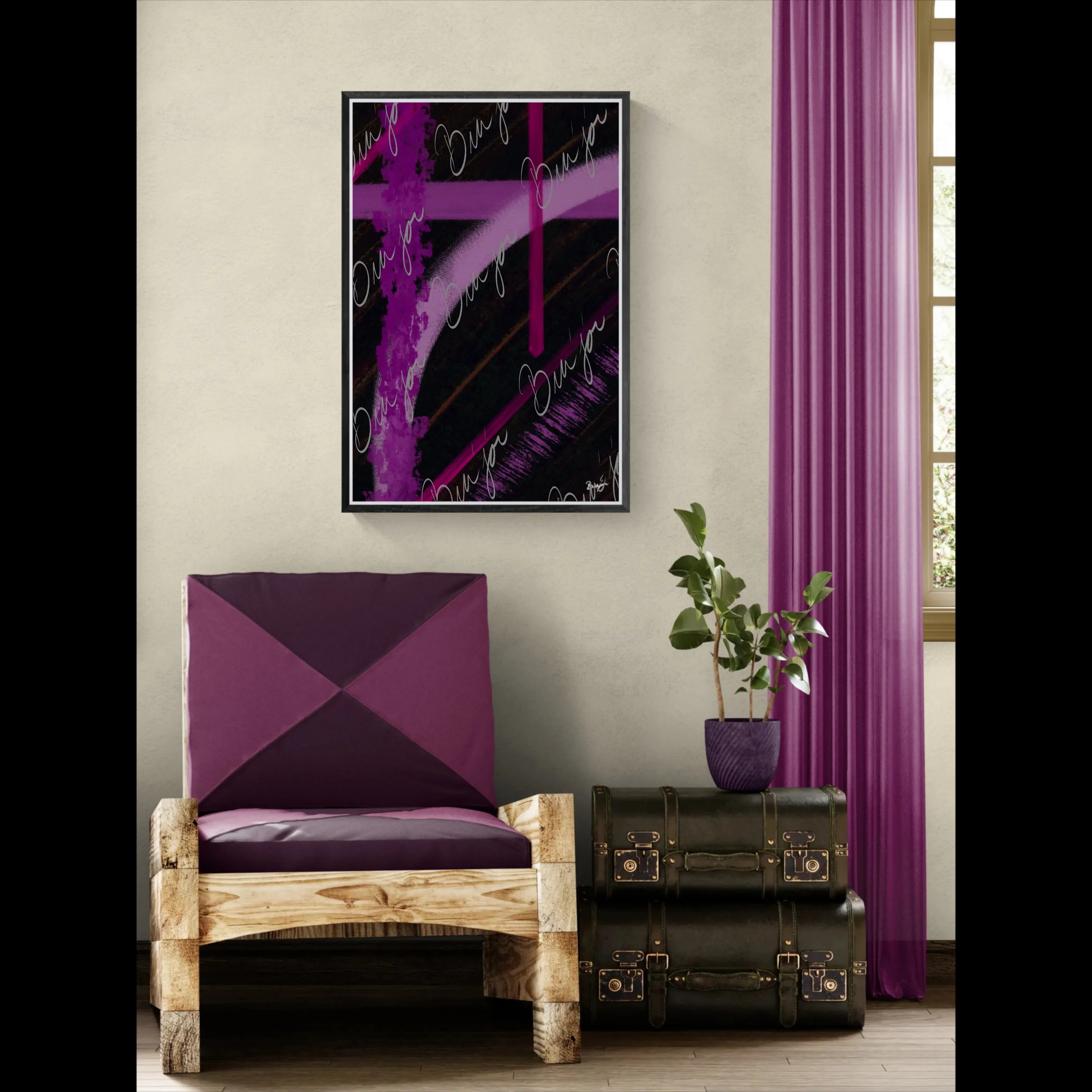 Framed abstract artwork titled Be Soft designed by the digital abstract artist Bra'jor. Artwork includes the colors Purple, Lavender, Pink, Orange, and Black