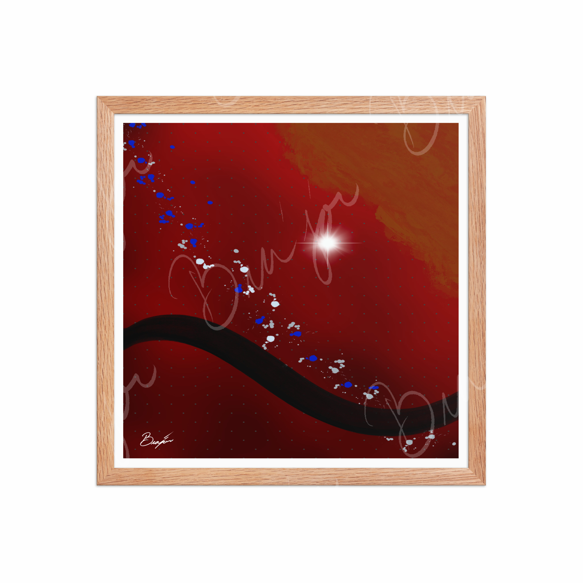 16x16 Red Oak Framed Abstract artwork titled Take Your Place designed by the digital abstract artist Bra'jor. Artwork includes the colors Red, Yellow, Orange, Black, Gray, and White
