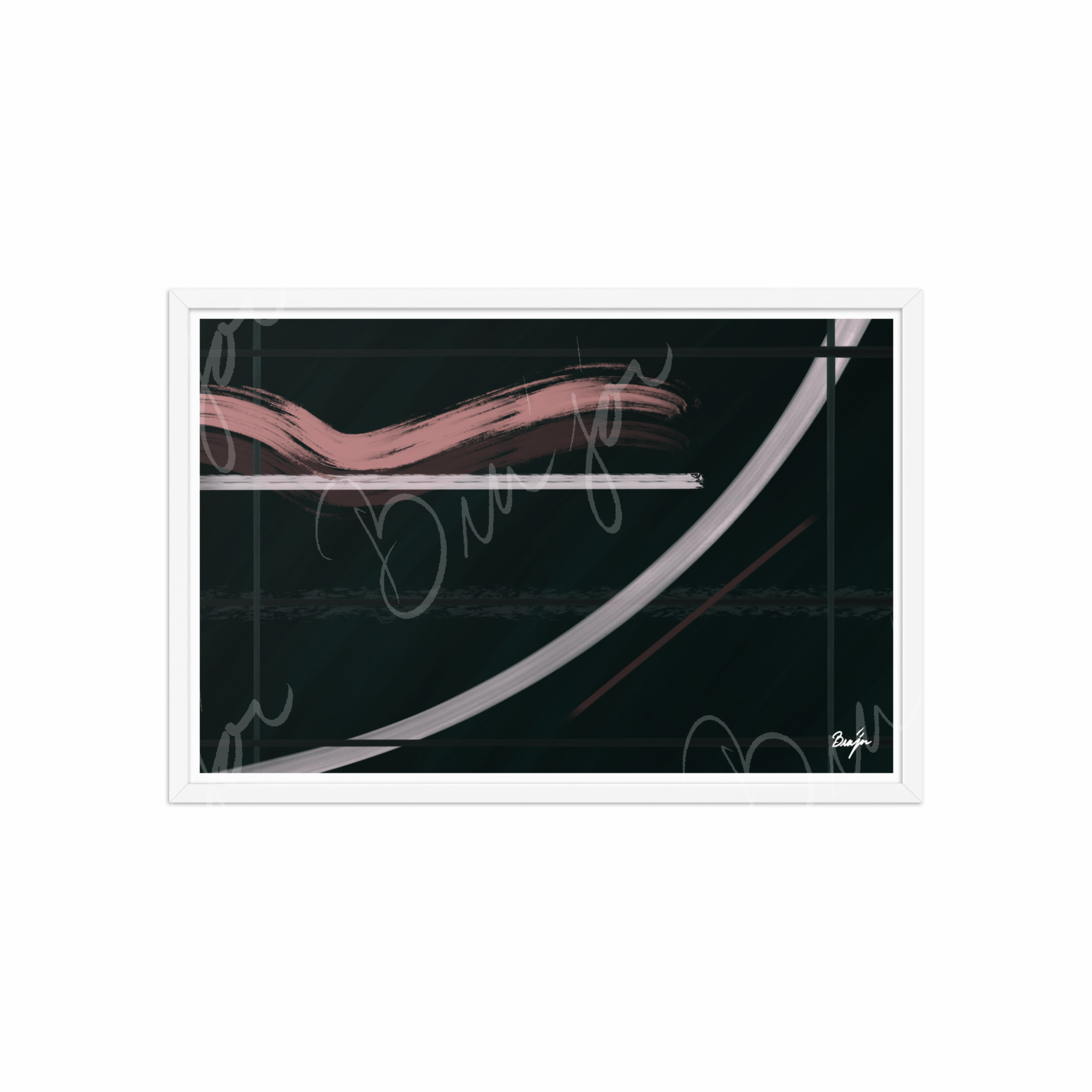 20x30 White Framed Abstract artwork titled Together designed by the digital abstract artist Bra'jor. Artwork includes the colors Brown, Pink, Green, and White