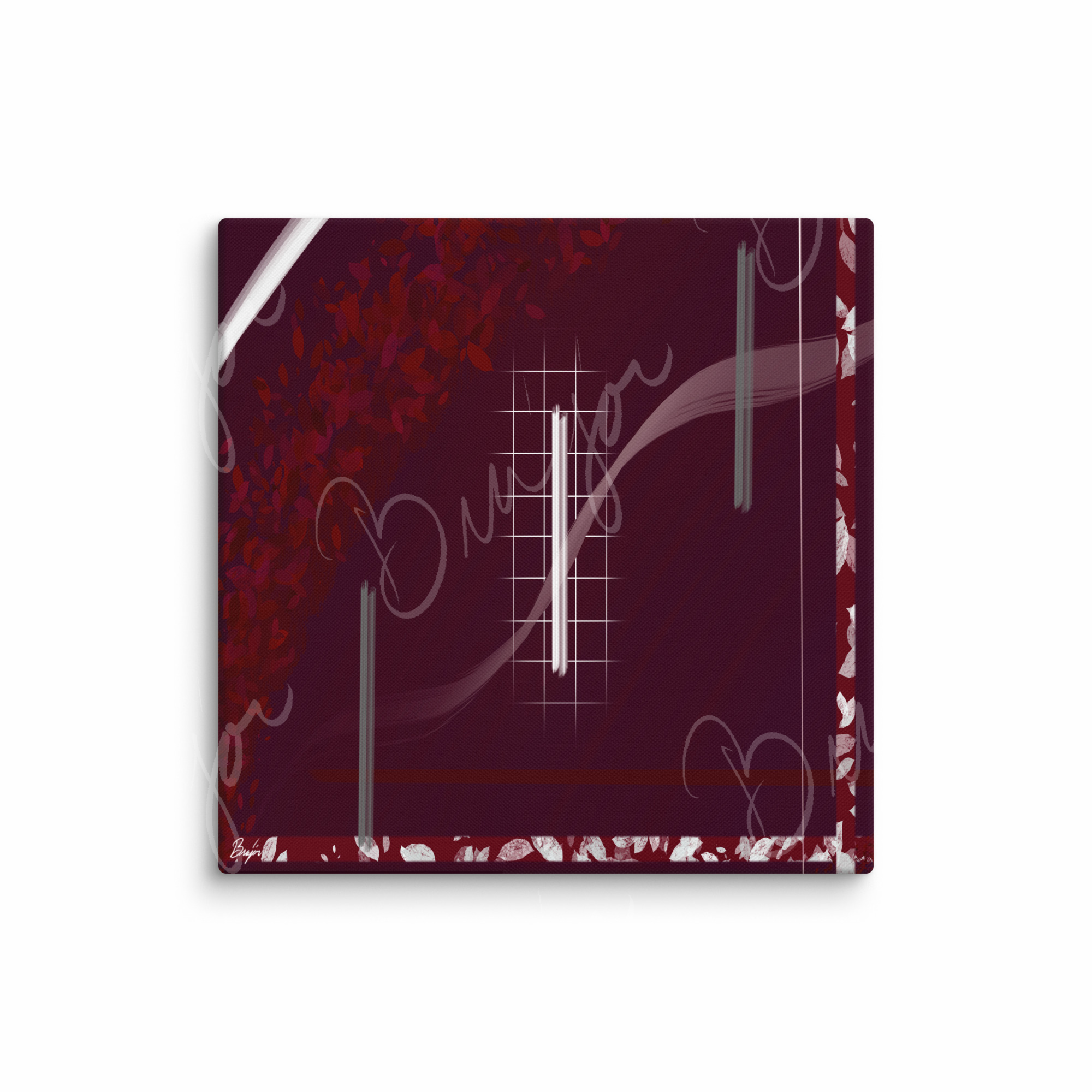 32x32 XL Canvas Abstract artwork titled Shine designed by the digital abstract artist Bra'jor. Artwork includes the colors Red, Gray, Maroon, White, and Soft Pink