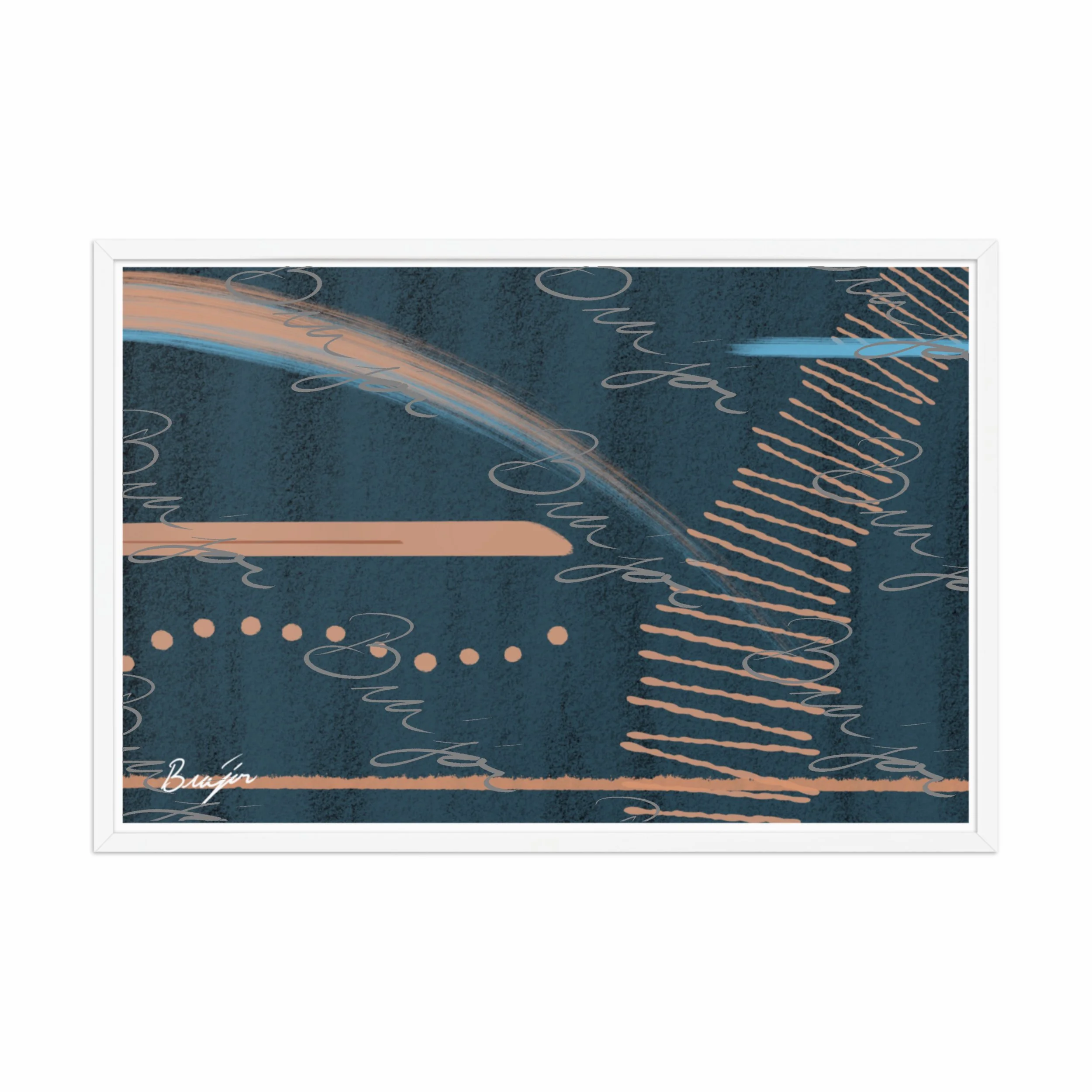 24x36 White Framed abstract artwork titled Effort designed by the digital abstract artist Bra'jor. Artwork includes the colors Black, Blue, Brown, and Tan