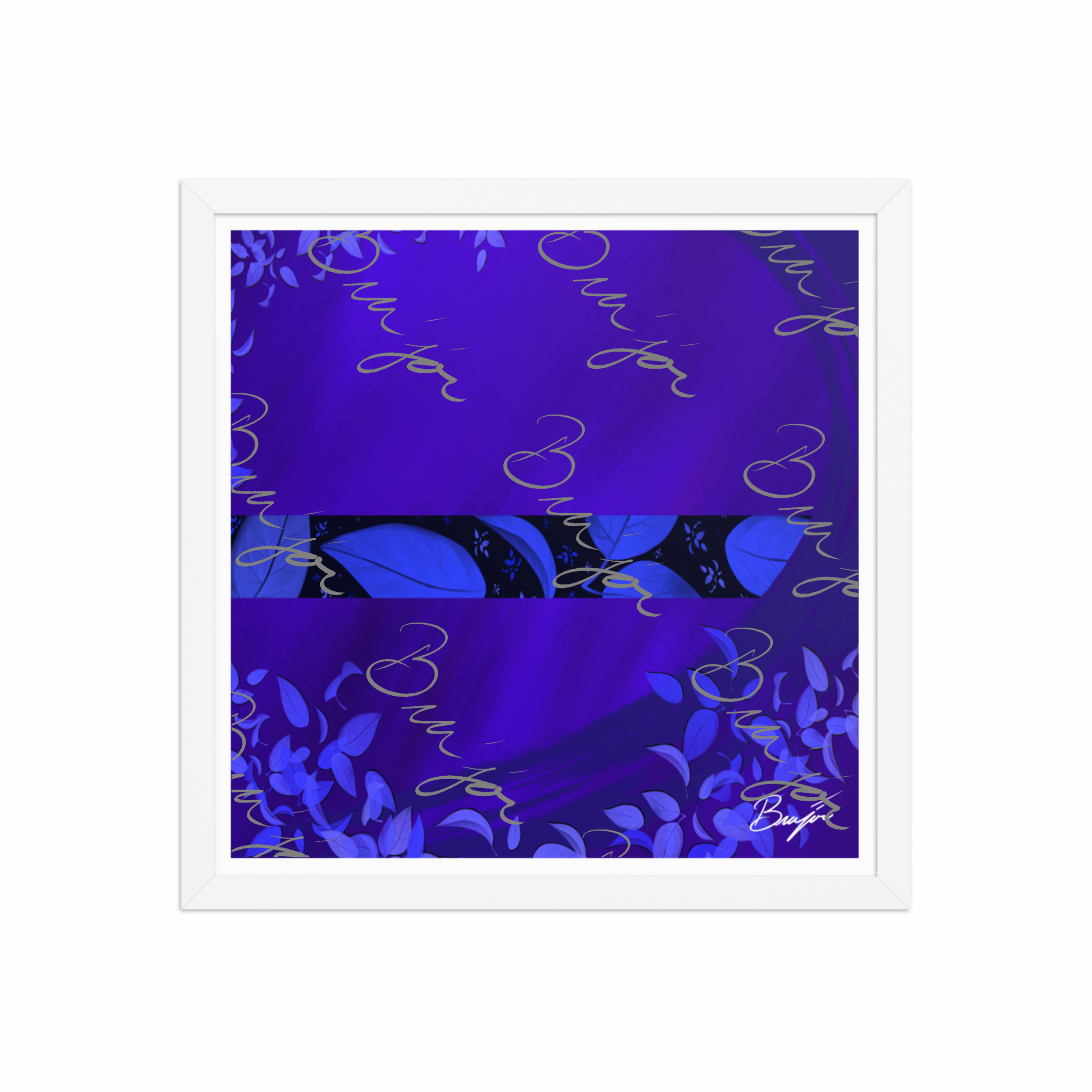 16x16 White Framed abstract artwork titled A Moment designed by the digital abstract artist Bra'jor. Artwork includes the colors Blue, Black, and Purple