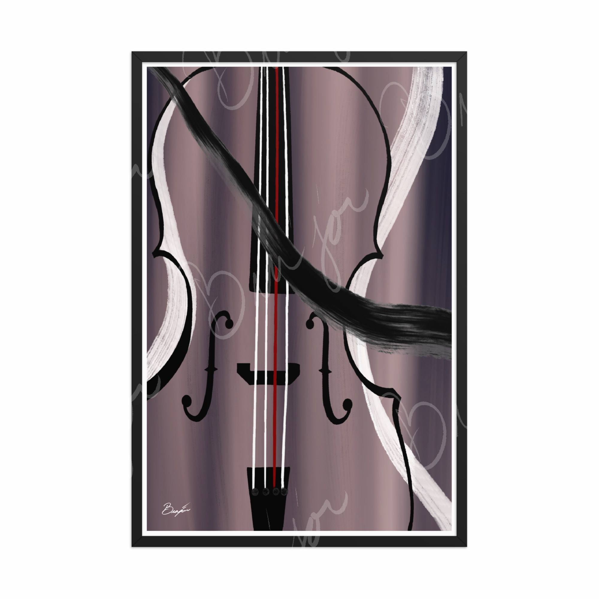 24x36 Black Framed Abstract artwork titled First Love designed by the digital abstract artist Bra'jor. Artwork includes the colors Black, White, Gray, violet, Mauve, and Red