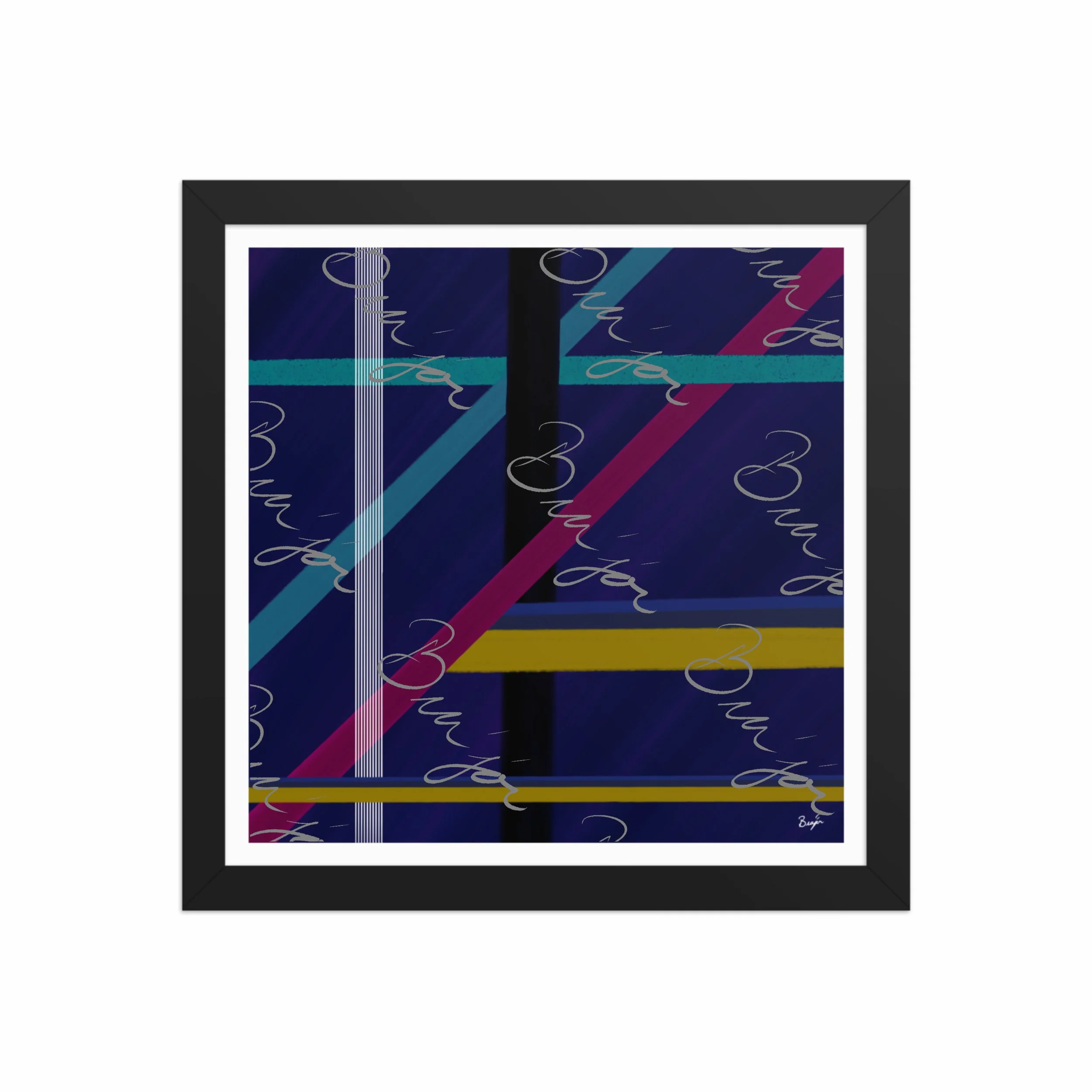 12x12 Black Framed Abstract artwork titled Destinations designed by the digital abstract artist Bra'jor. Artwork includes the colors Black, Blue, Yellow, Pink, and White