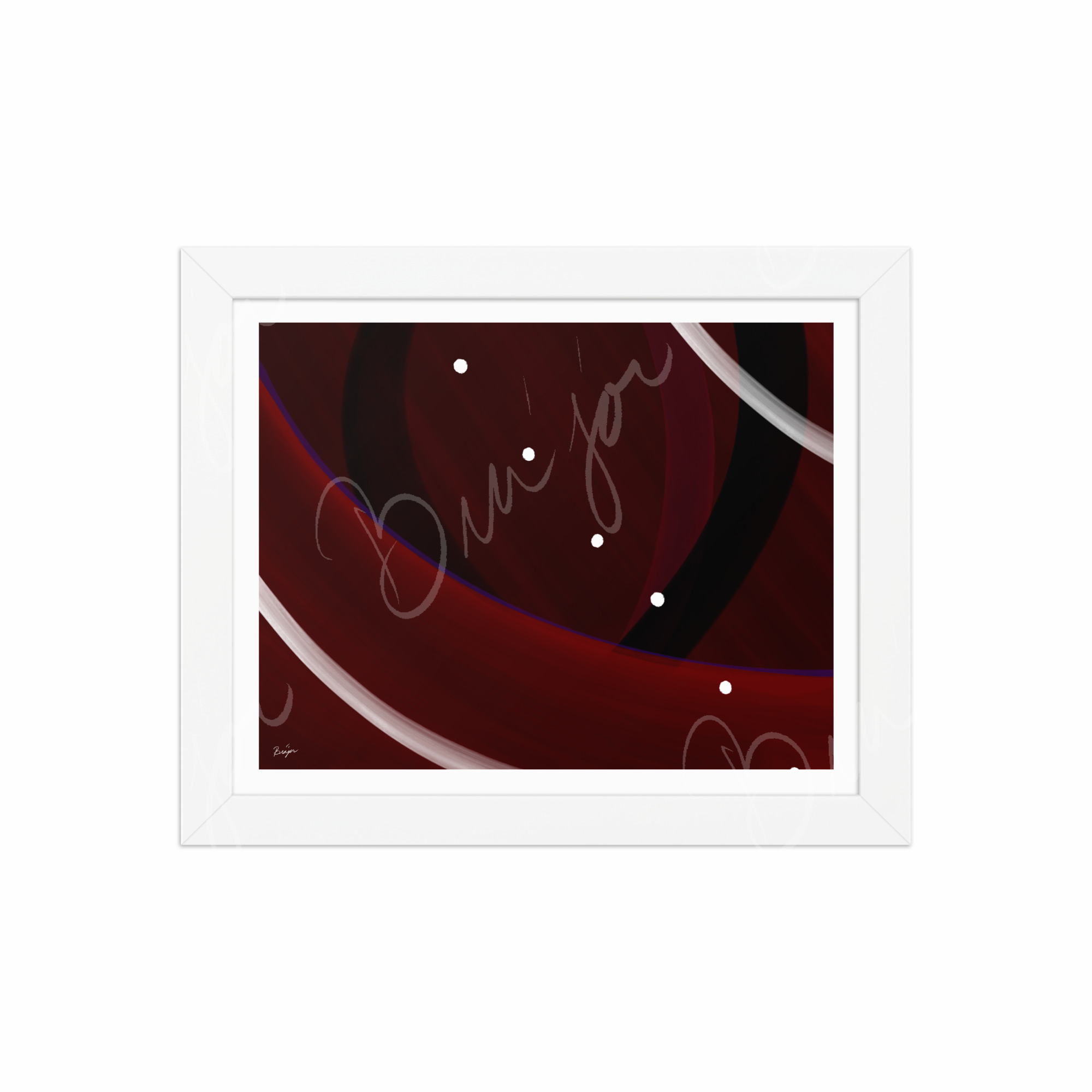8x10 White  Framed Abstract artwork titled Trail Back designed by the digital abstract artist Bra'jor. Artwork includes the colors Red, Black, Purple, and White