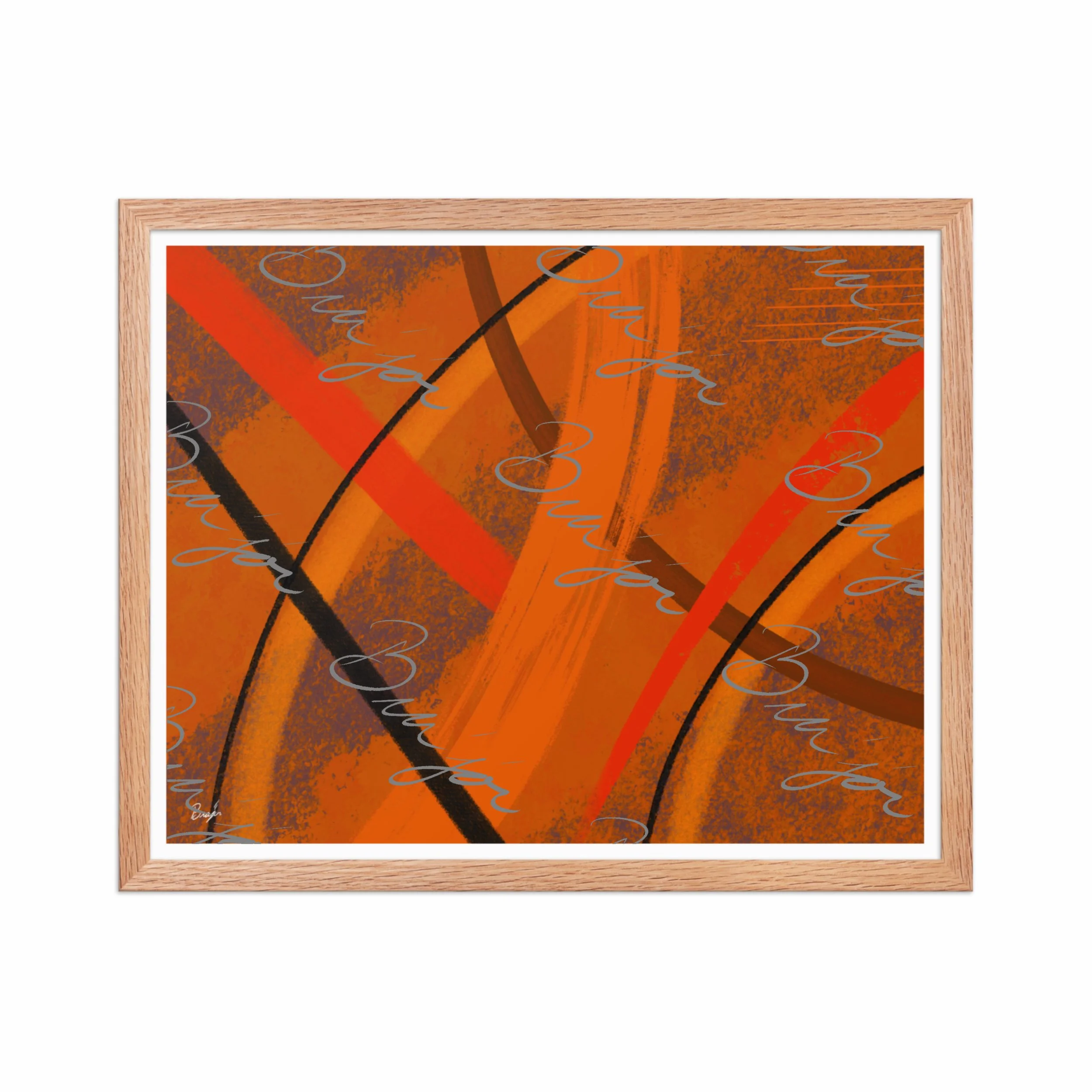 16x20 Red Oak Framed Abstract artwork titled Challenges designed by the digital abstract artist Bra'jor. Artwork includes the colors Orange, Brown, Blue, and Black