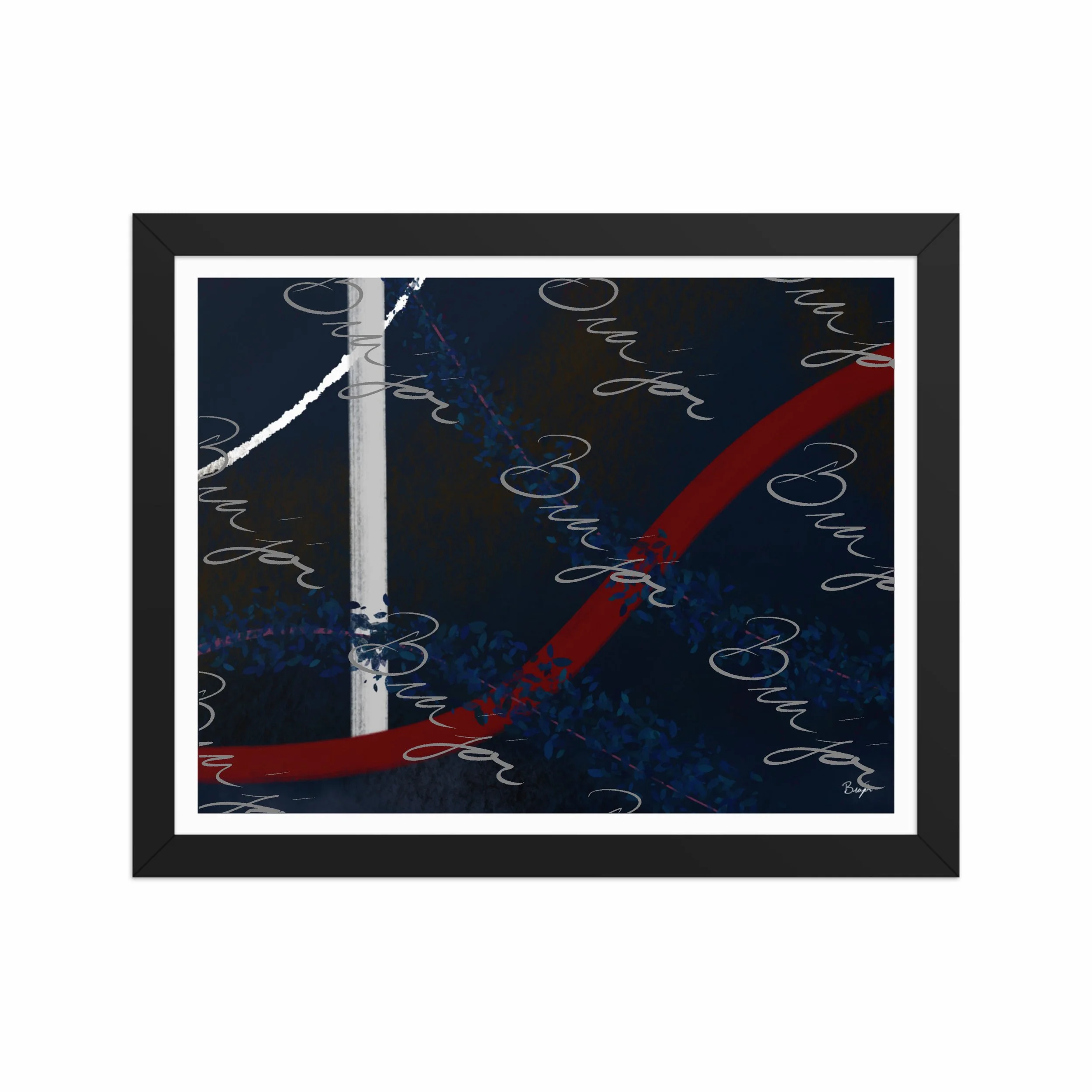 11x14 Black Framed abstract artwork titled Gloomy II designed by the digital abstract artist Bra'jor. Artwork includes the colors Blue, Red, White, Pink, and Black