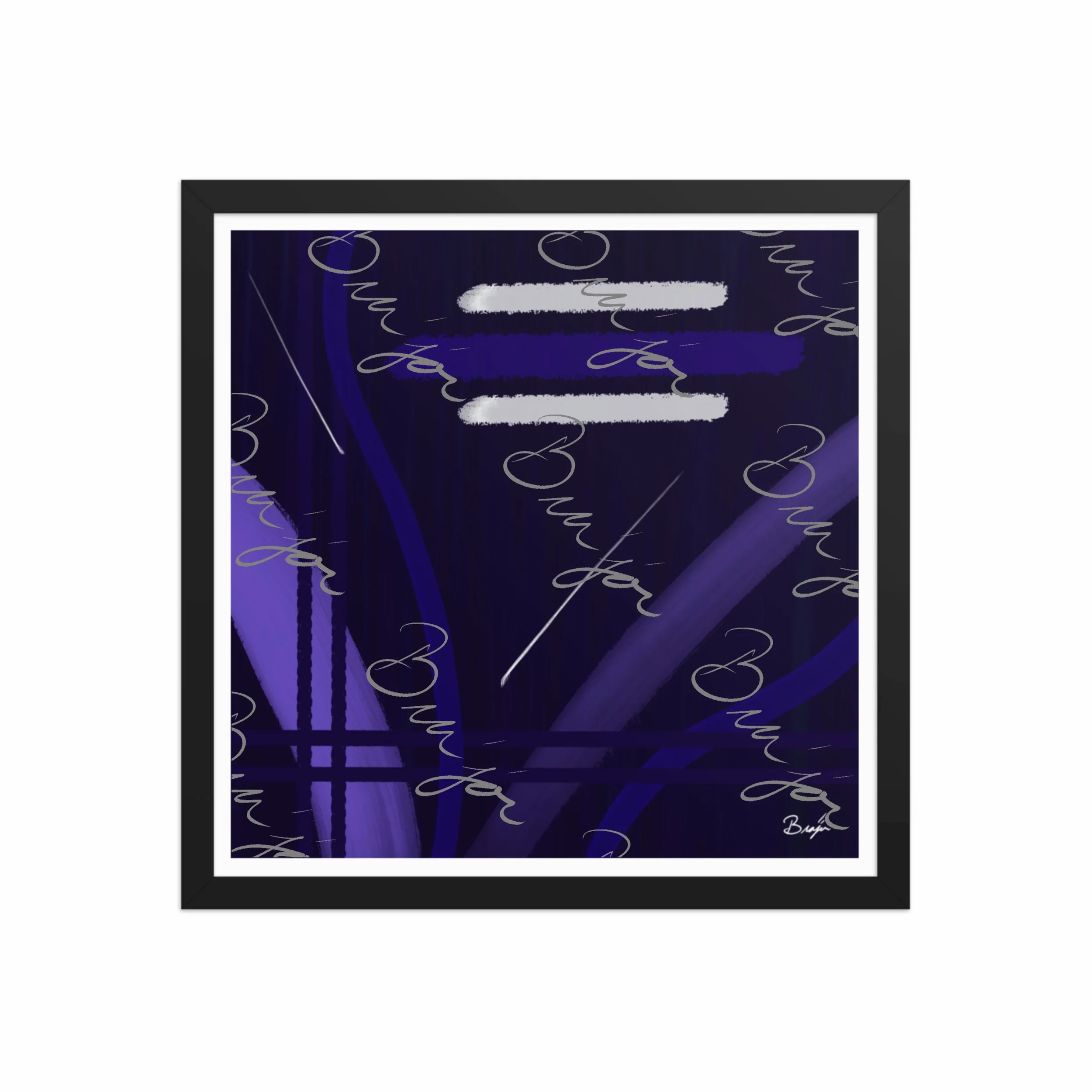 16x16 Black Framed Abstract artwork titled Beneath designed by the digital abstract artist Bra'jor. Artwork includes the colors Blue, White, Purple, and Navy