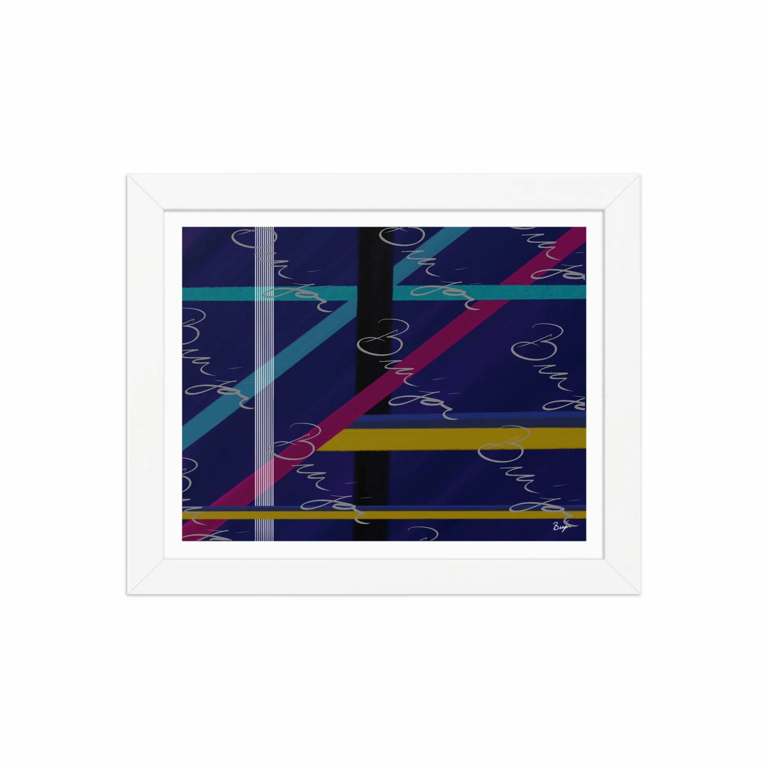 8x10 White Framed Abstract artwork titled Destinations designed by the digital abstract artist Bra'jor. Artwork includes the colors Black, Blue, Yellow, Pink, and White