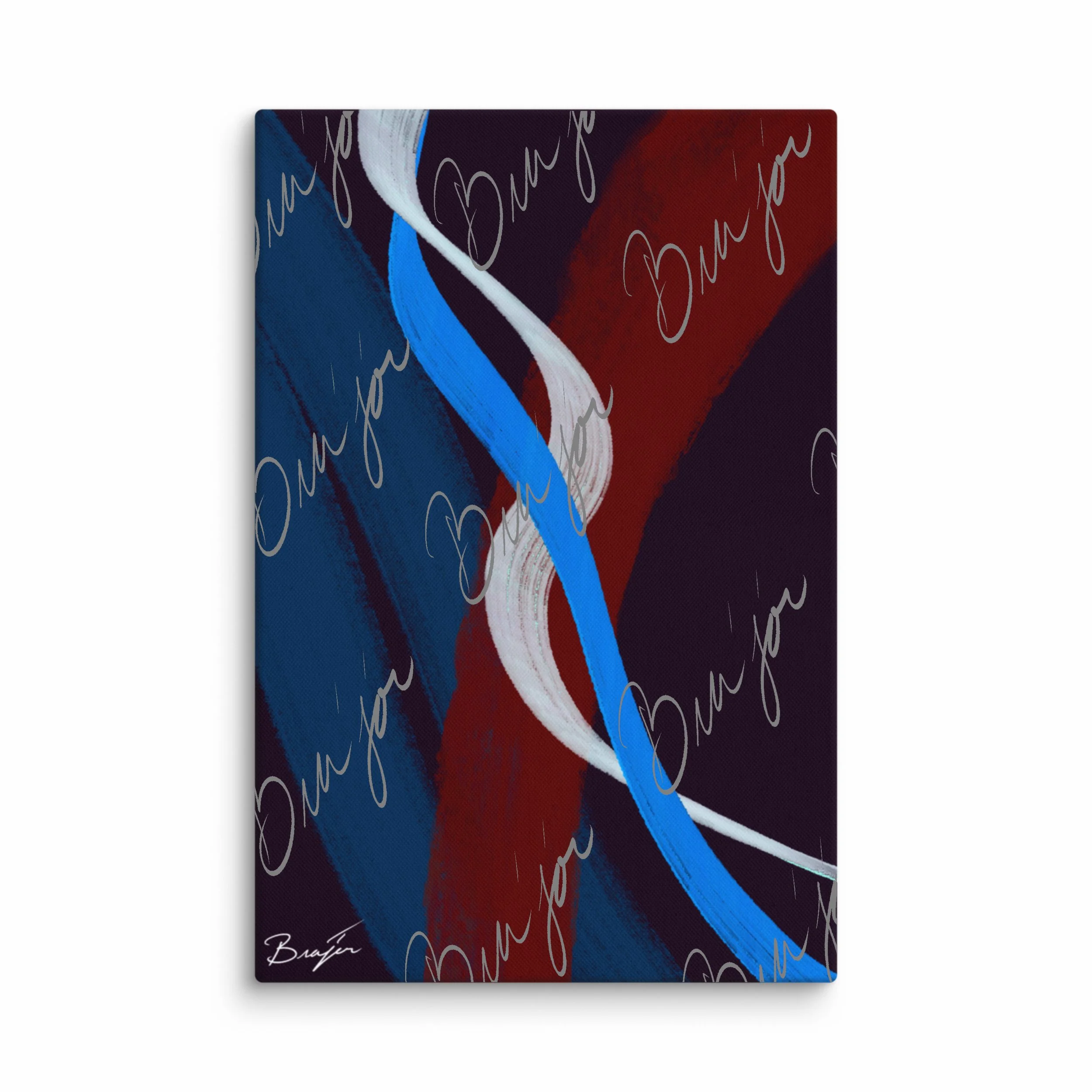 24x36 Canvas abstract artwork titled Roads Ahead designed by the digital abstract artist Bra'jor. Artwork includes the colors Blue, Red, White, and Purple