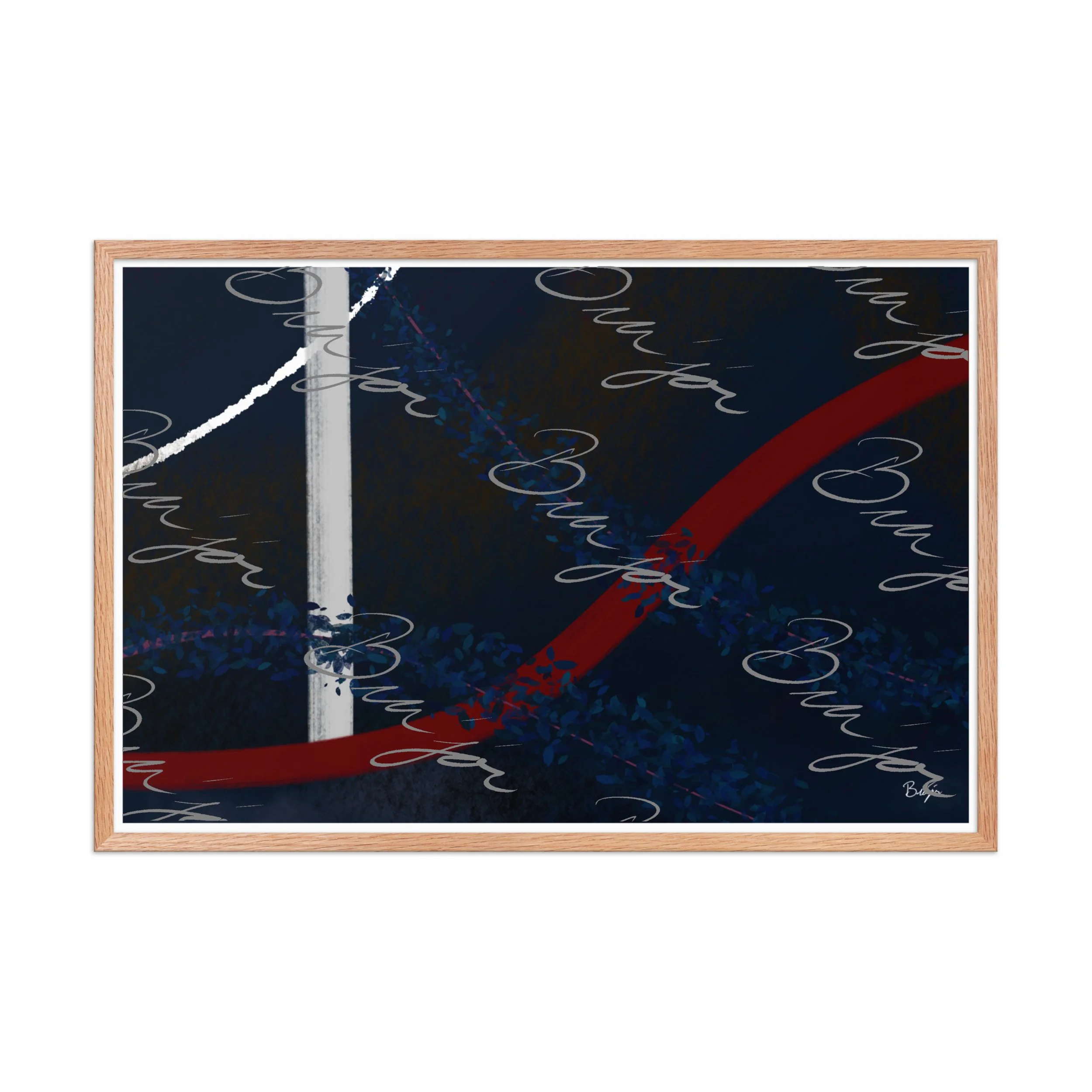 24x36 Red Oak Framed abstract artwork titled Gloomy II designed by the digital abstract artist Bra'jor. Artwork includes the colors Blue, Red, White, Pink, and Black