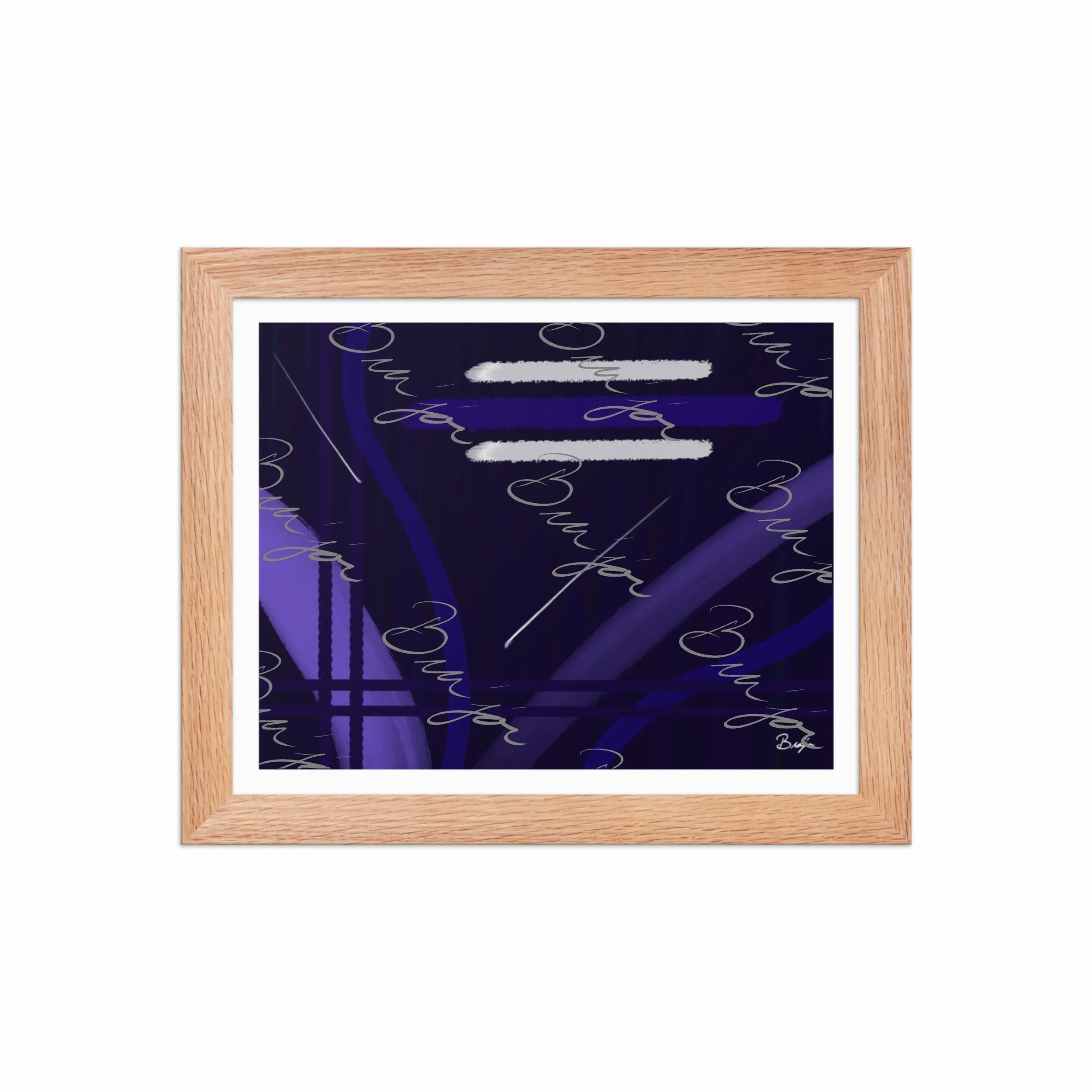 8x10 Red Oak Framed Abstract artwork titled Beneath designed by the digital abstract artist Bra'jor. Artwork includes the colors Blue, White, Purple, and Navy