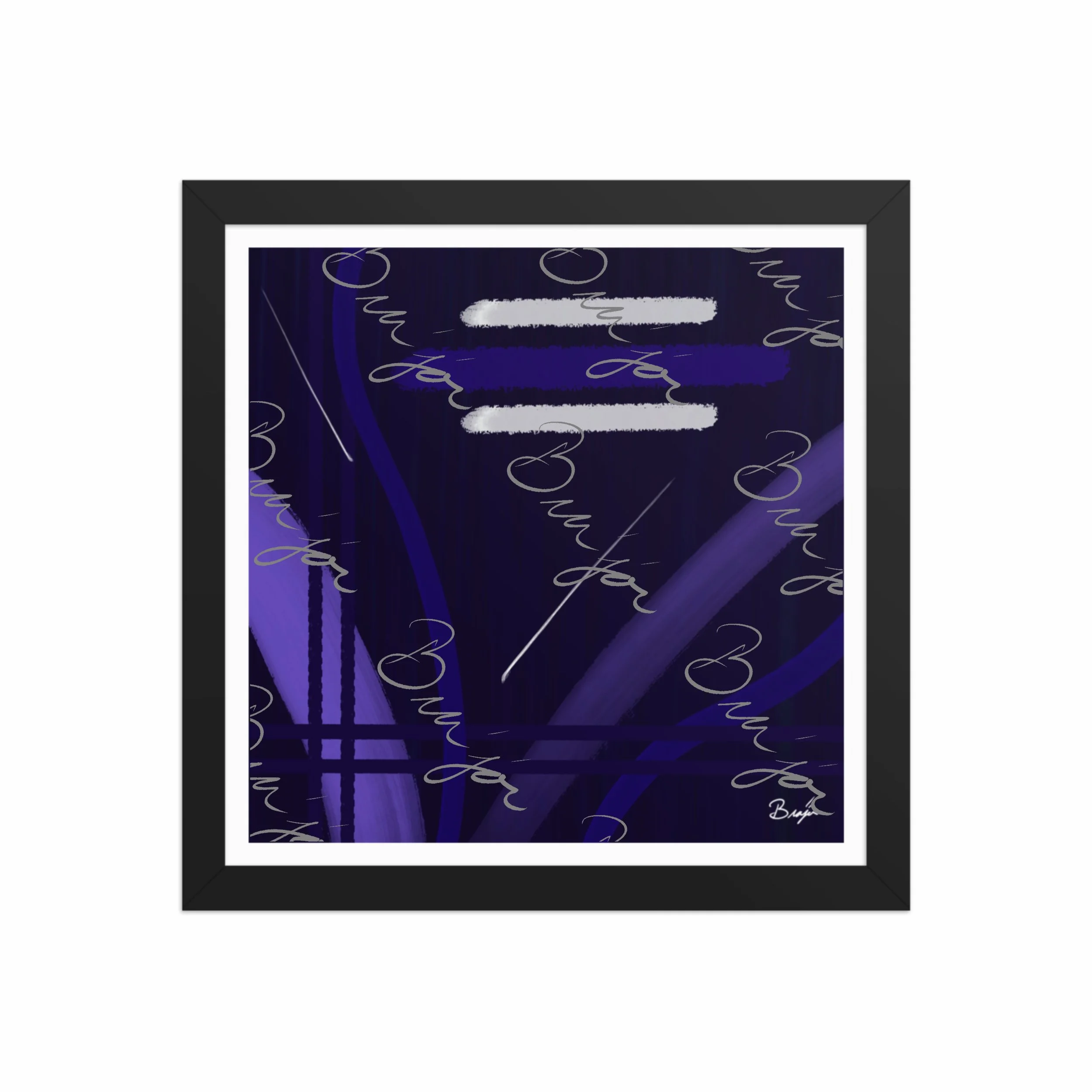12x12 Black Framed Abstract artwork titled Beneath designed by the digital abstract artist Bra'jor. Artwork includes the colors Blue, White, Purple, and Navy