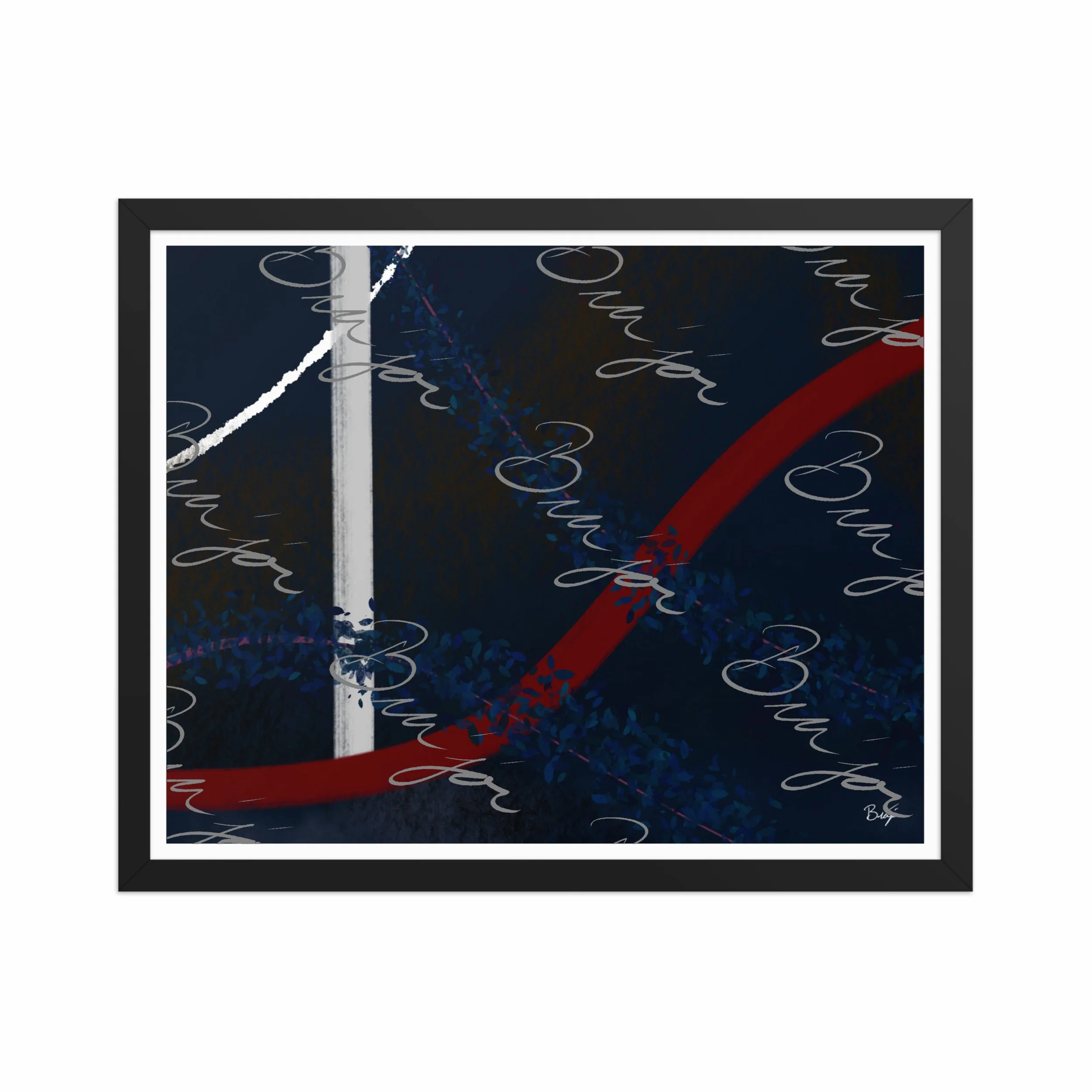 16x20 Black Framed abstract artwork titled Gloomy II designed by the digital abstract artist Bra'jor. Artwork includes the colors Blue, Red, White, Pink, and Black