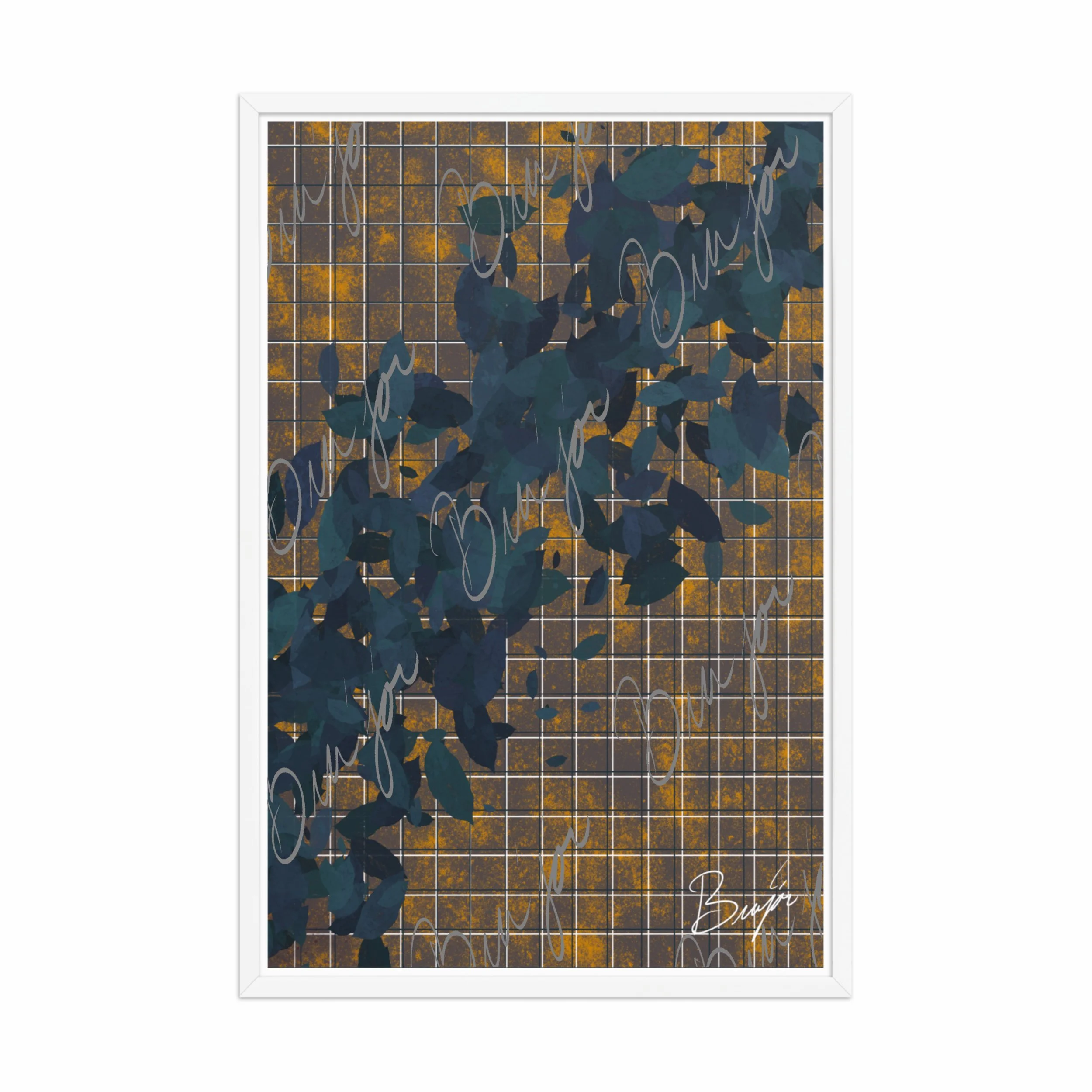 24x36 White Framed abstract artwork titled Changes designed by the digital abstract artist Bra'jor. Artwork includes the colors Blue in different dark shades, Orange, White, and Black