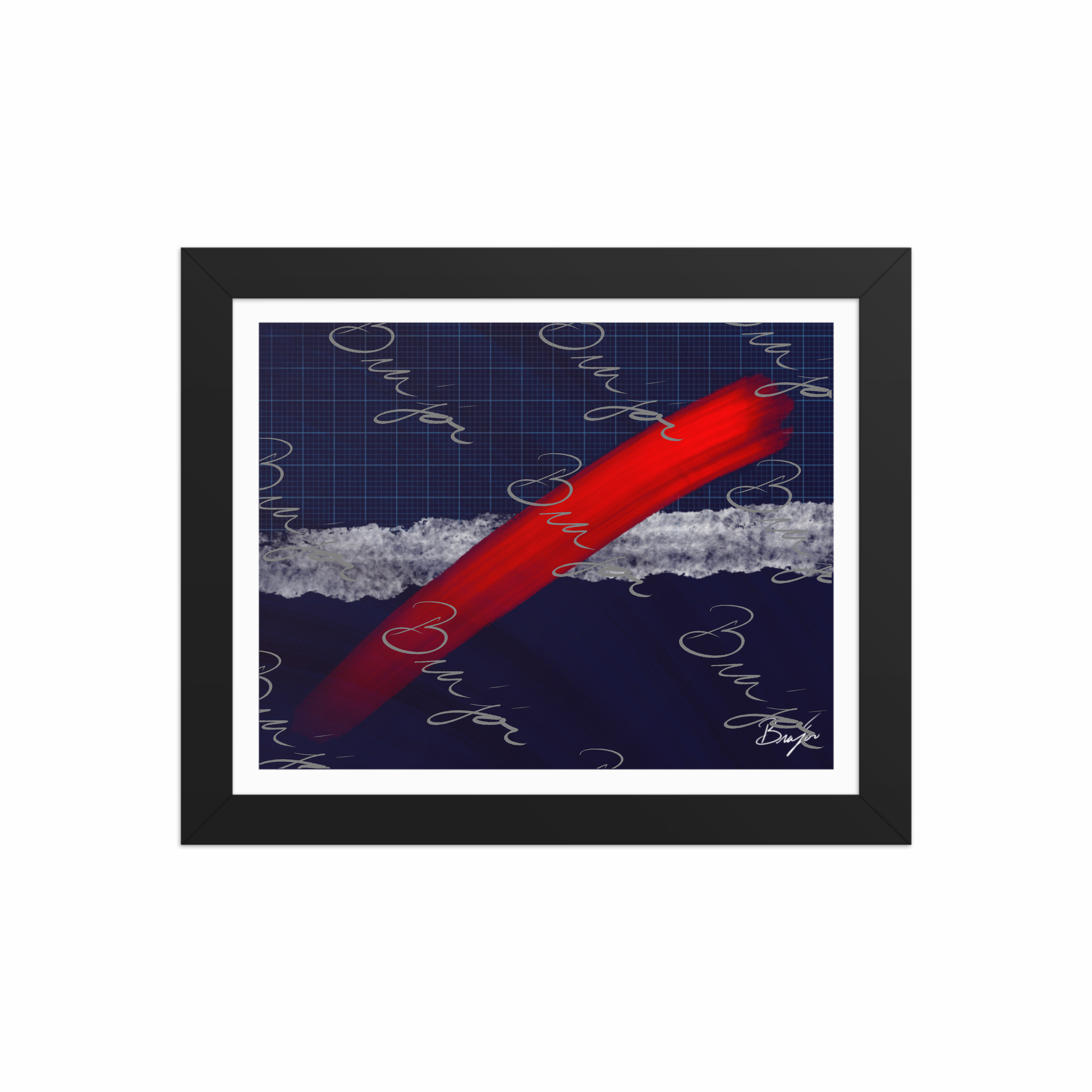 8x10 Black Framed abstract artwork titled Strike designed by the digital abstract artist Bra'jor. Artwork includes the colors Red, Blue, white, and Gray