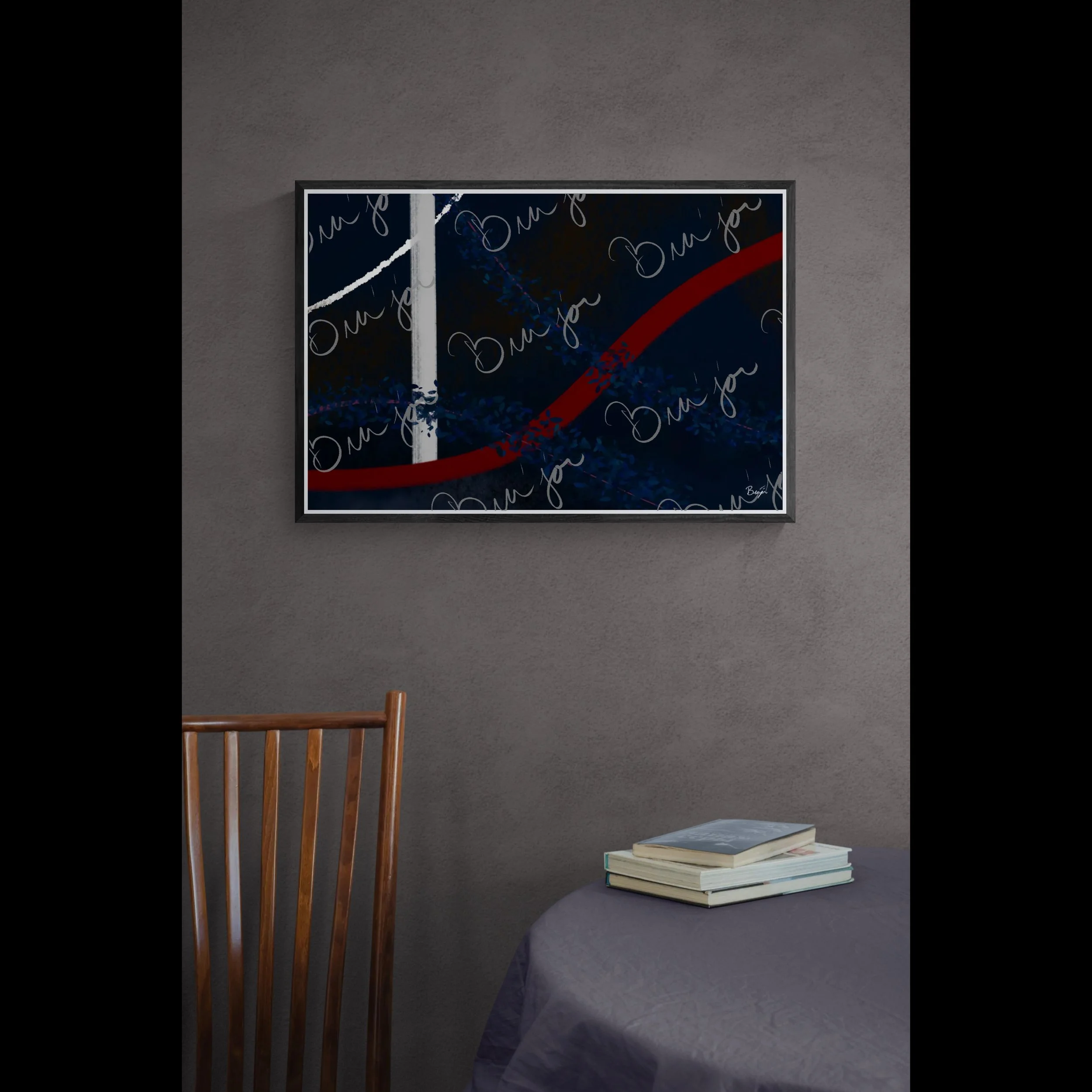 Framed abstract artwork titled Gloomy II designed by the digital abstract artist Bra'jor. Artwork includes the colors Blue, Red, White, Pink, and Black