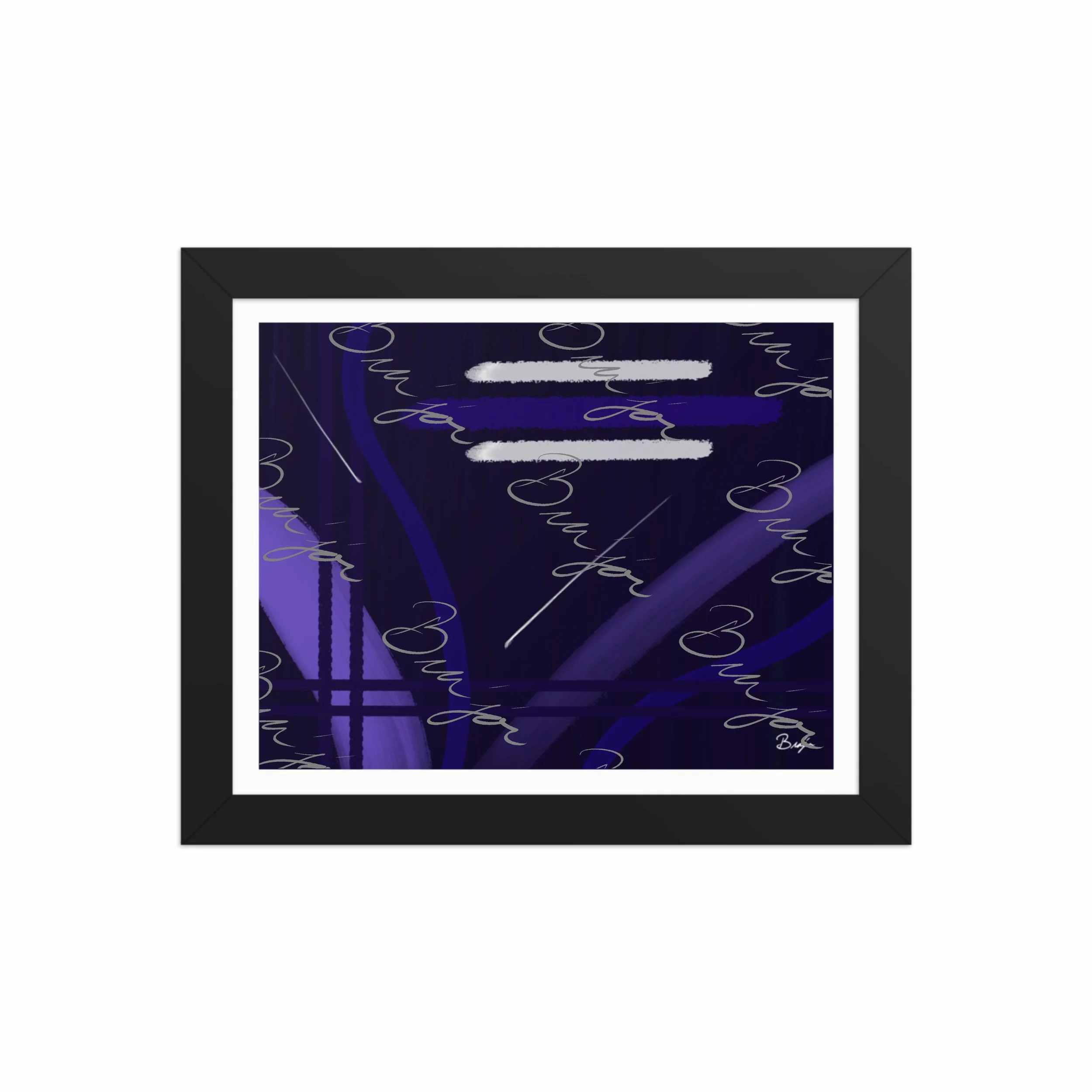 8x10 Black Framed Abstract artwork titled Beneath designed by the digital abstract artist Bra'jor. Artwork includes the colors Blue, White, Purple, and Navy