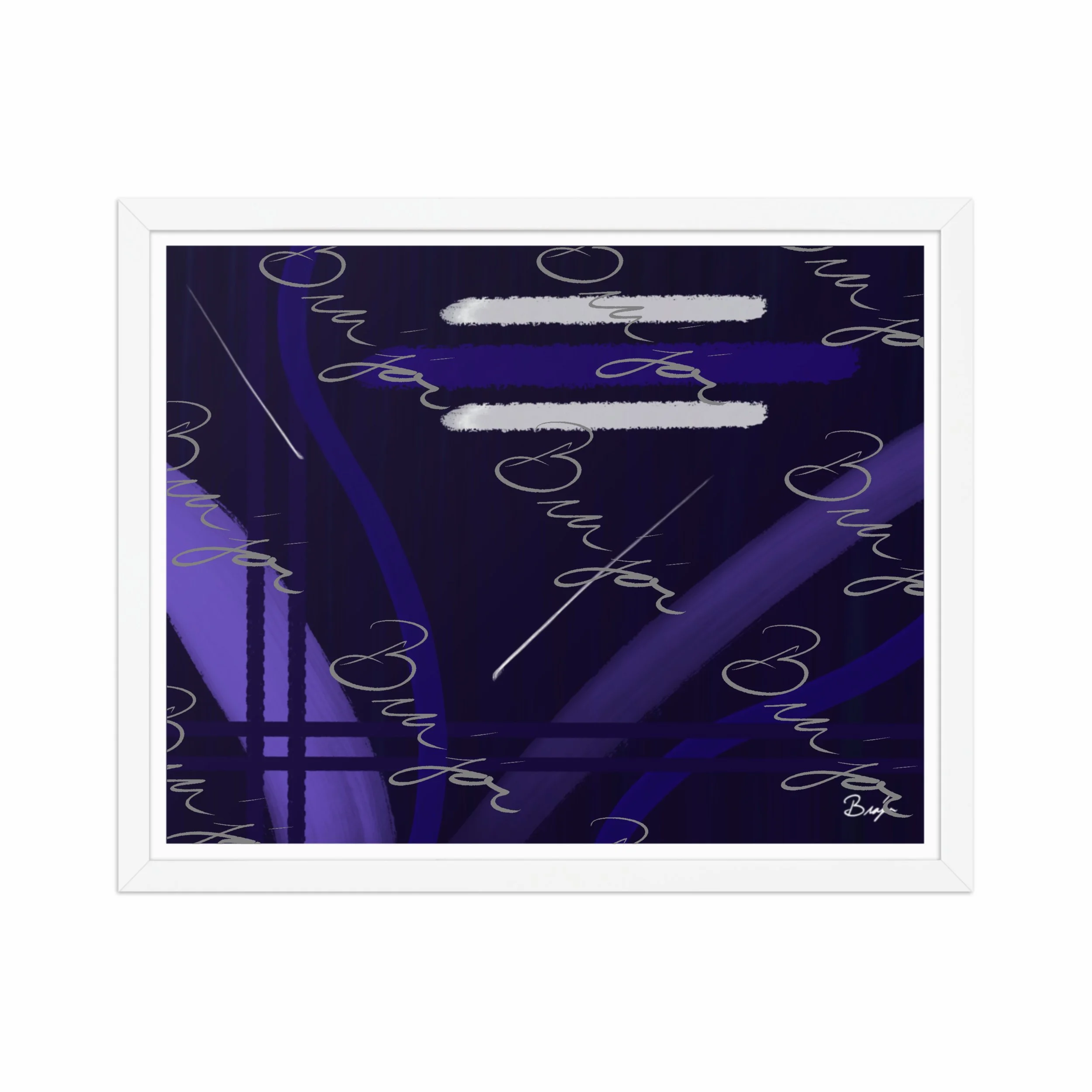 16x20 White Framed Abstract artwork titled Beneath designed by the digital abstract artist Bra'jor. Artwork includes the colors Blue, White, Purple, and Navy