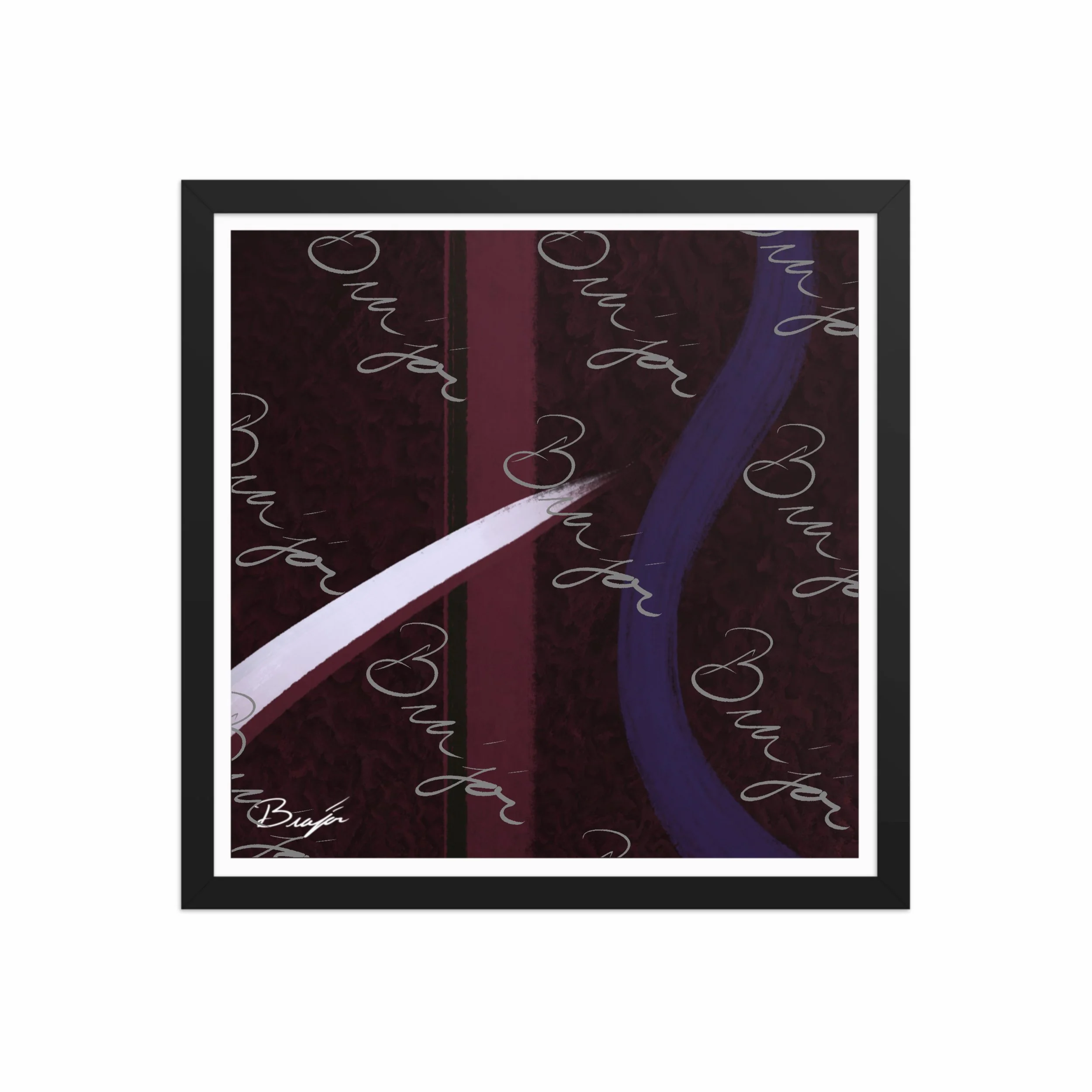 16x16 Black Framed abstract artwork titled The Walk designed by the digital abstract artist Bra'jor. Artwork includes the colors Maroon, Black, Purple, and White