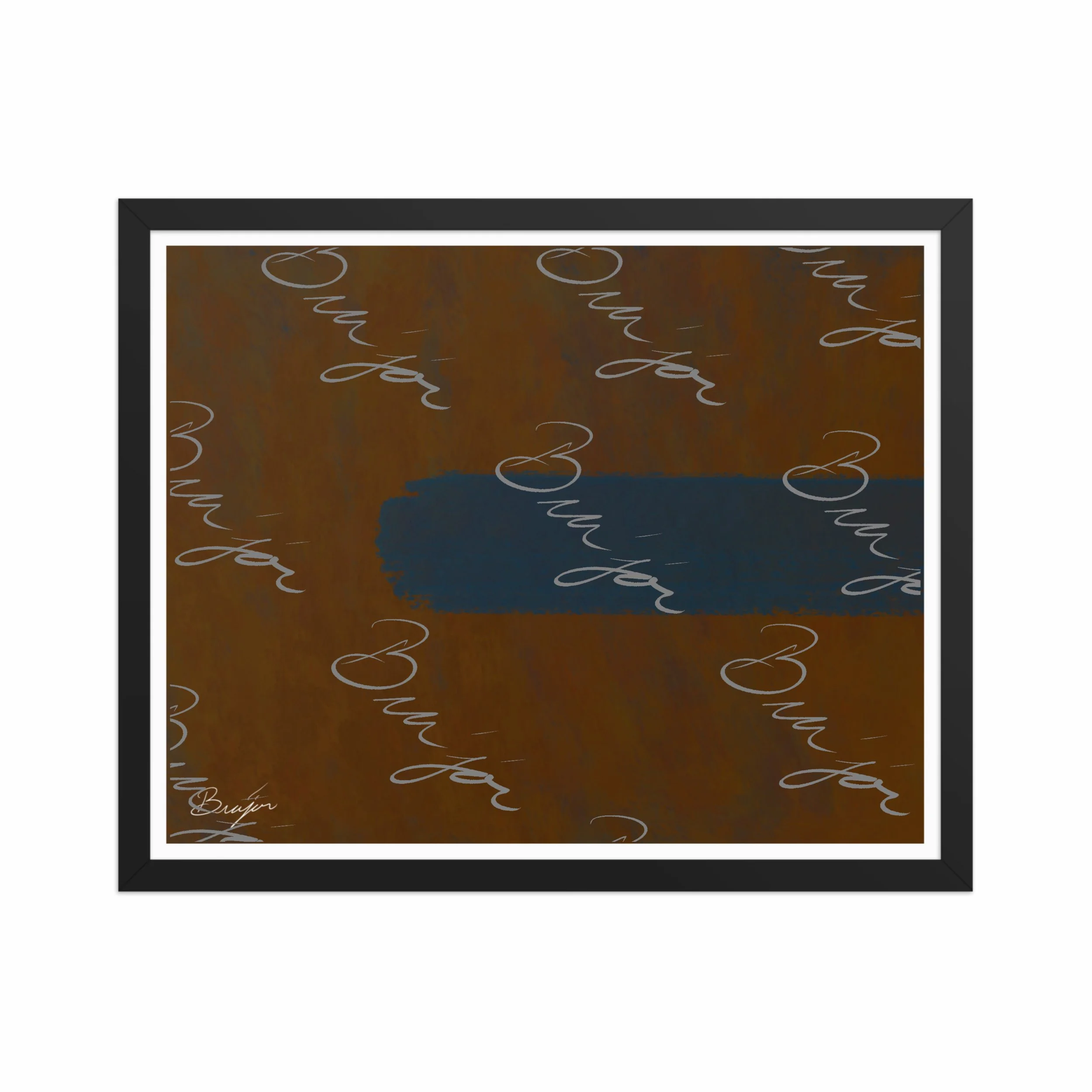 16x20 Black Framed Abstract artwork titled Distraction designed by the digital abstract artist Bra'jor. Artwork includes the colors Brown, Blue, and Orange