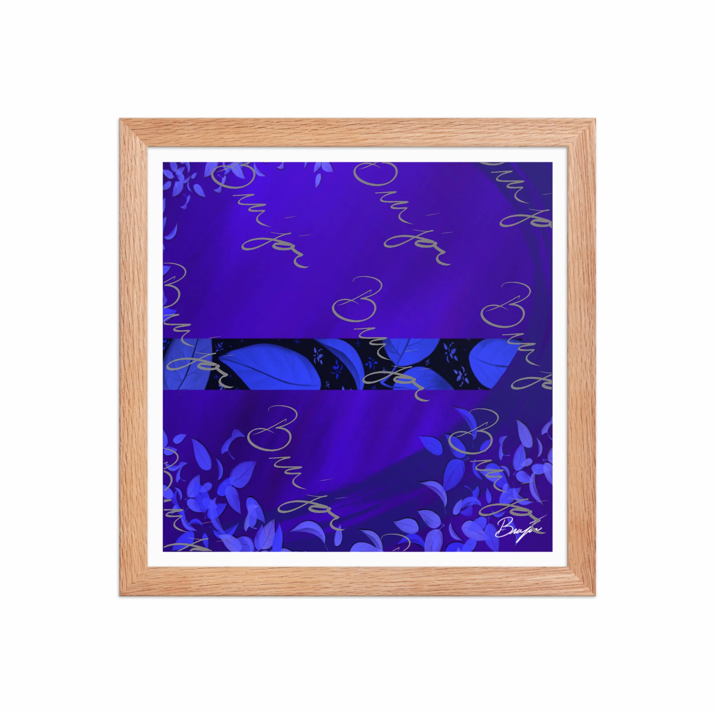 12x12 Red Oak Framed abstract artwork titled A Moment designed by the digital abstract artist Bra'jor. Artwork includes the colors Blue, Black, and Purple