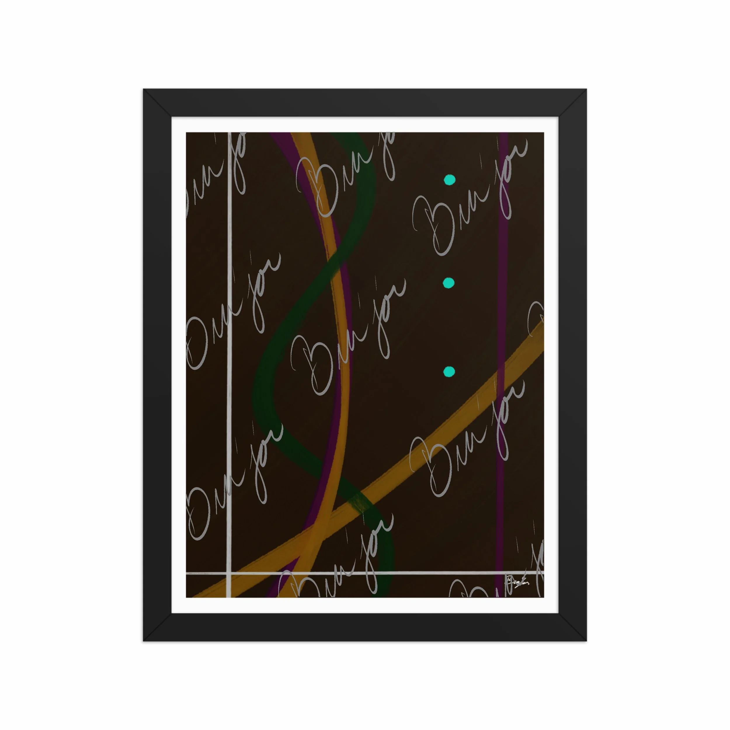 11x14 Black Framed Abstract artwork titled Button Up designed by the digital abstract artist Bra'jor. Artwork includes the colors Orange, Purple, Green, White, and Brown