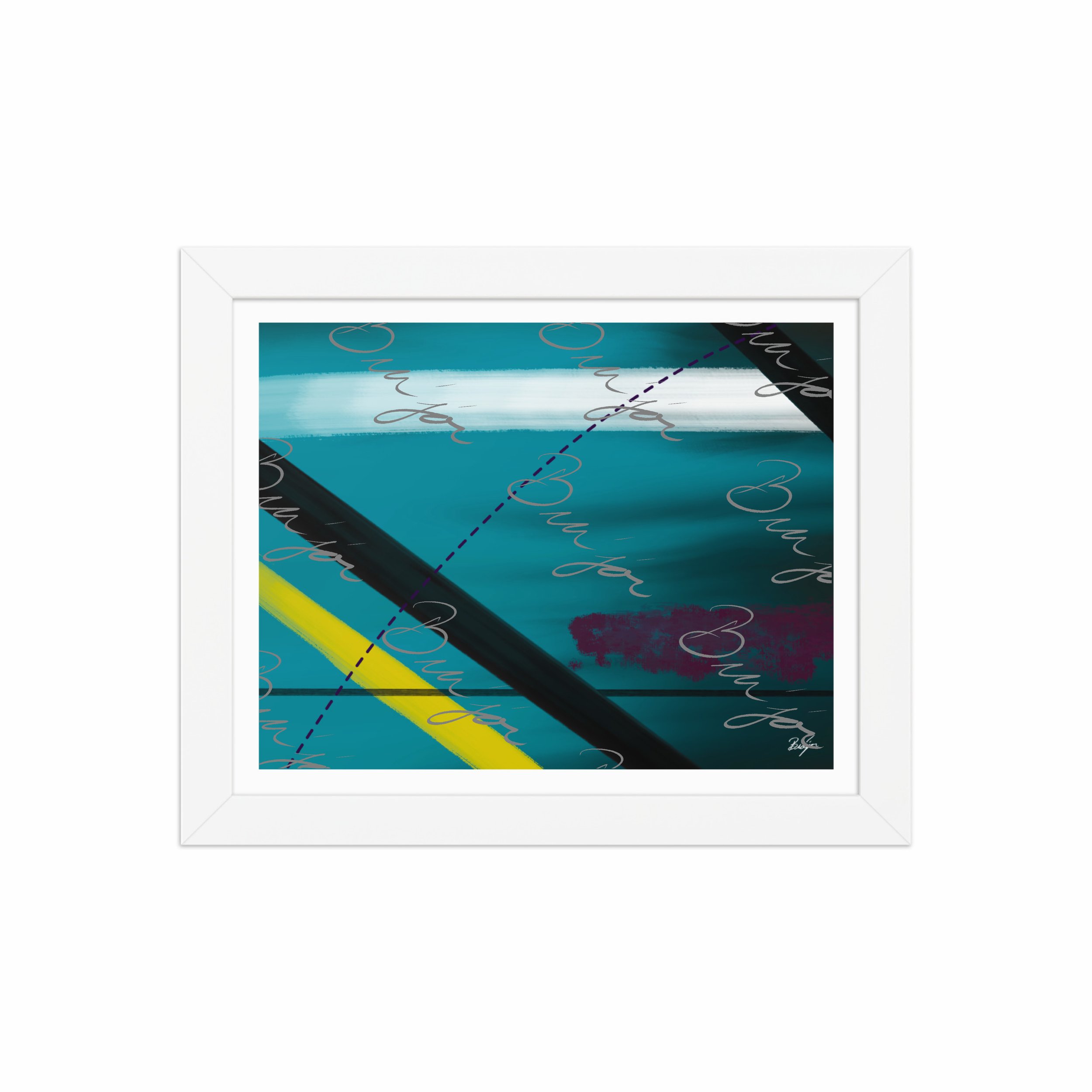 8x10 White Framed Abstract artwork titled First designed by the digital abstract artist Bra'jor. Artwork includes the colors Blue, Yellow, Black, Purple, and White