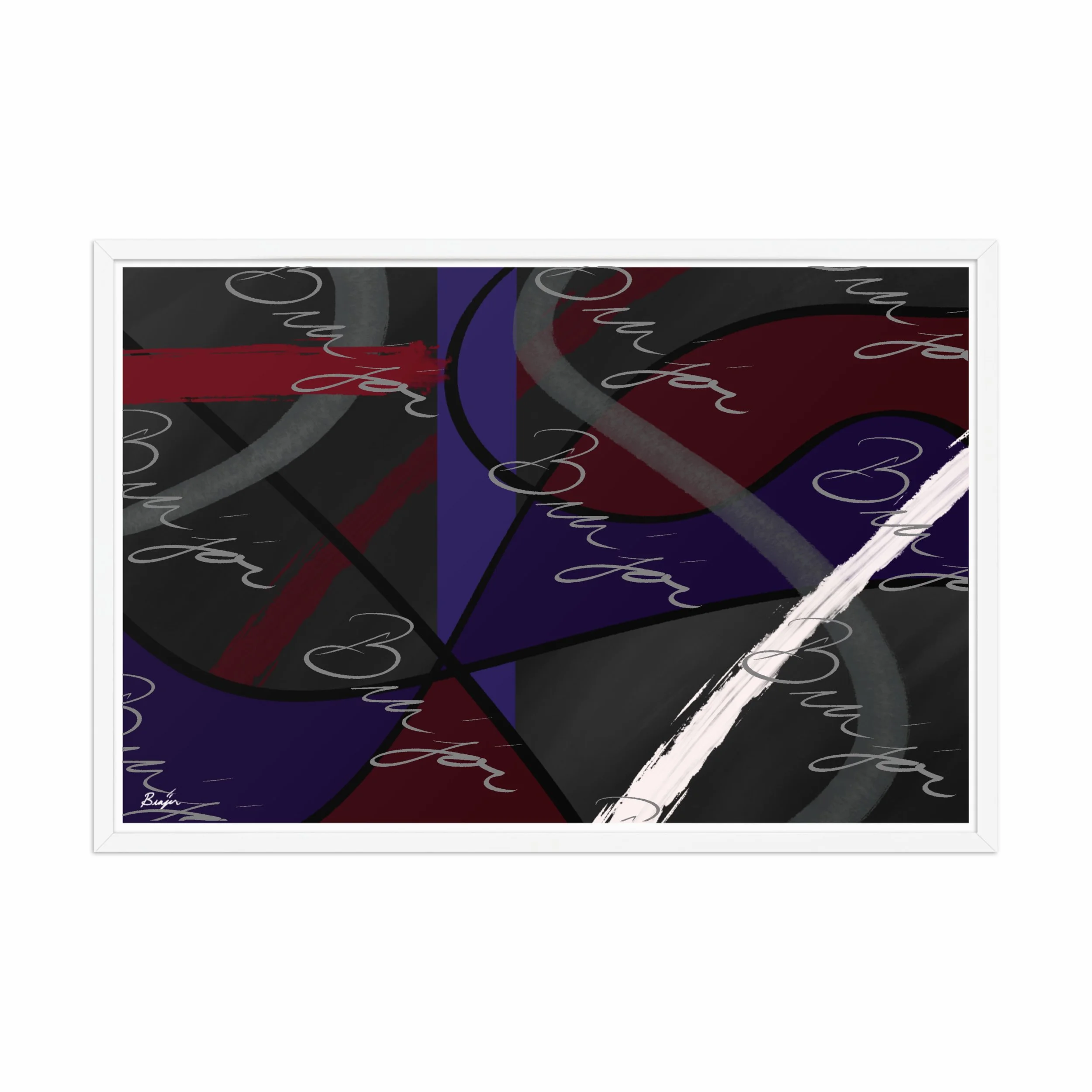 24x36 White Framed Abstract artwork titled Different designed by the digital abstract artist Bra'jor. Artwork includes the colors Purple, Blue, Red, Gray, and Black