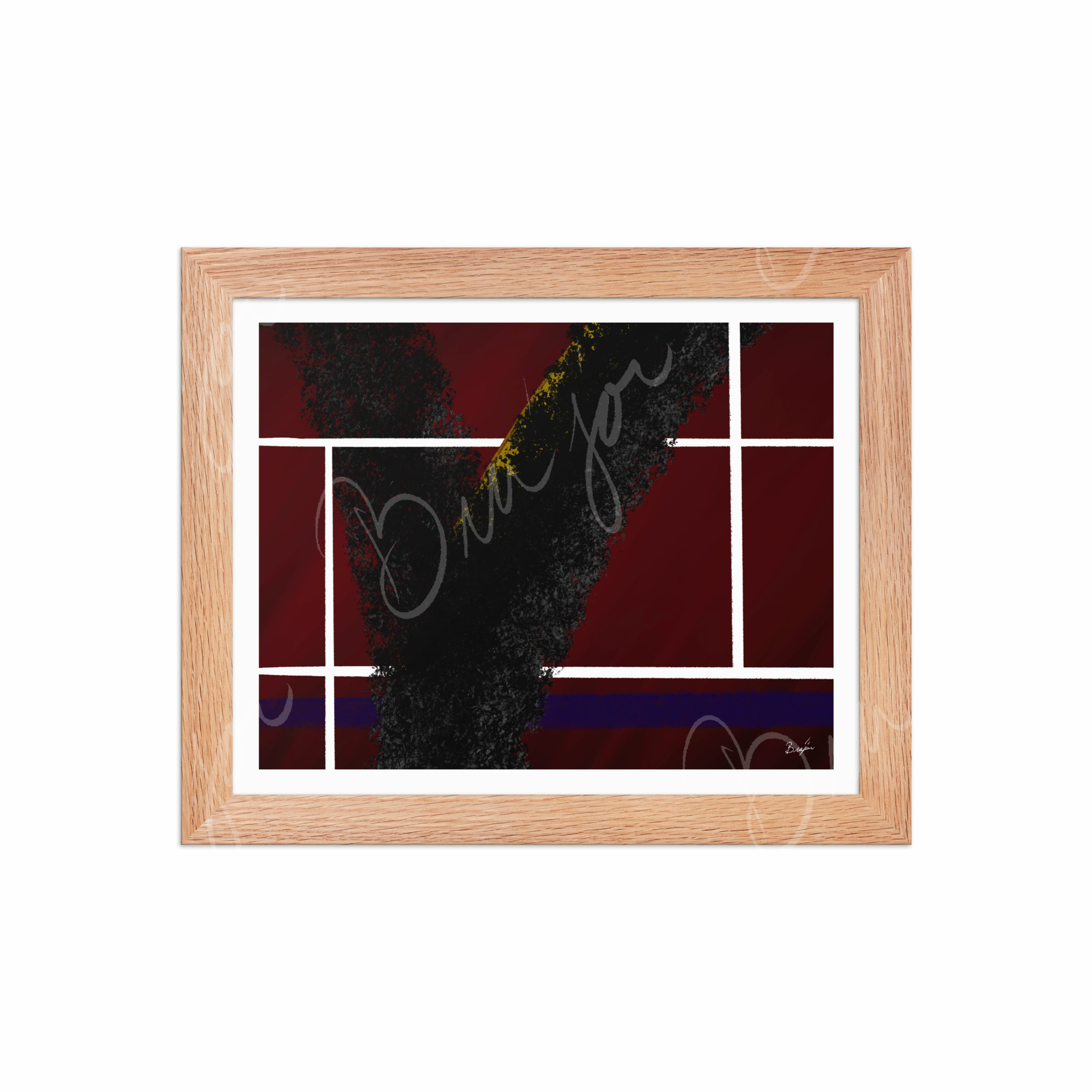 8x10 Red Oak Framed Abstract artwork titled Step Out designed by the digital abstract artist Bra'jor. Artwork includes the colors Red, White, Black, Yellow, and Blue