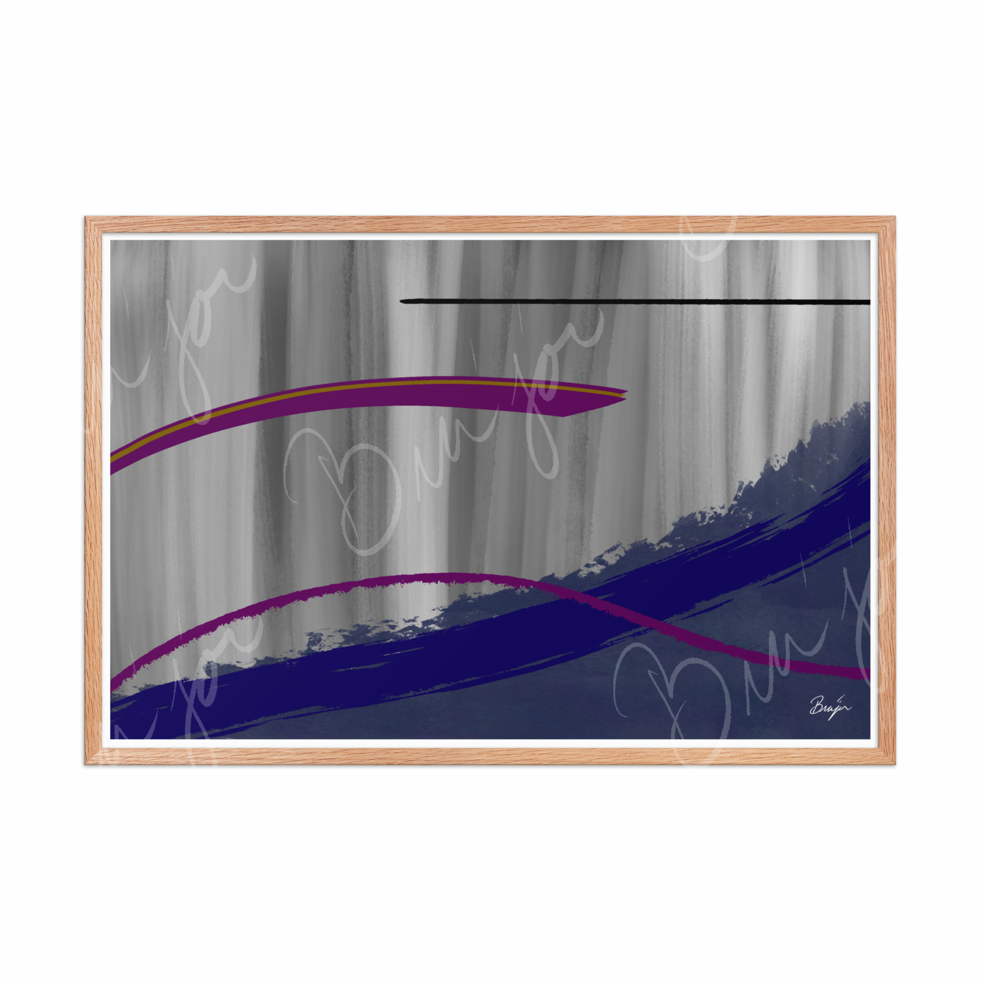 24x36 Red Oak Framed Abstract artwork titled Reworking designed by the digital abstract artist Bra'jor. Artwork includes the colors Purple, Gray, Blue, Mustard Yellow, and Black