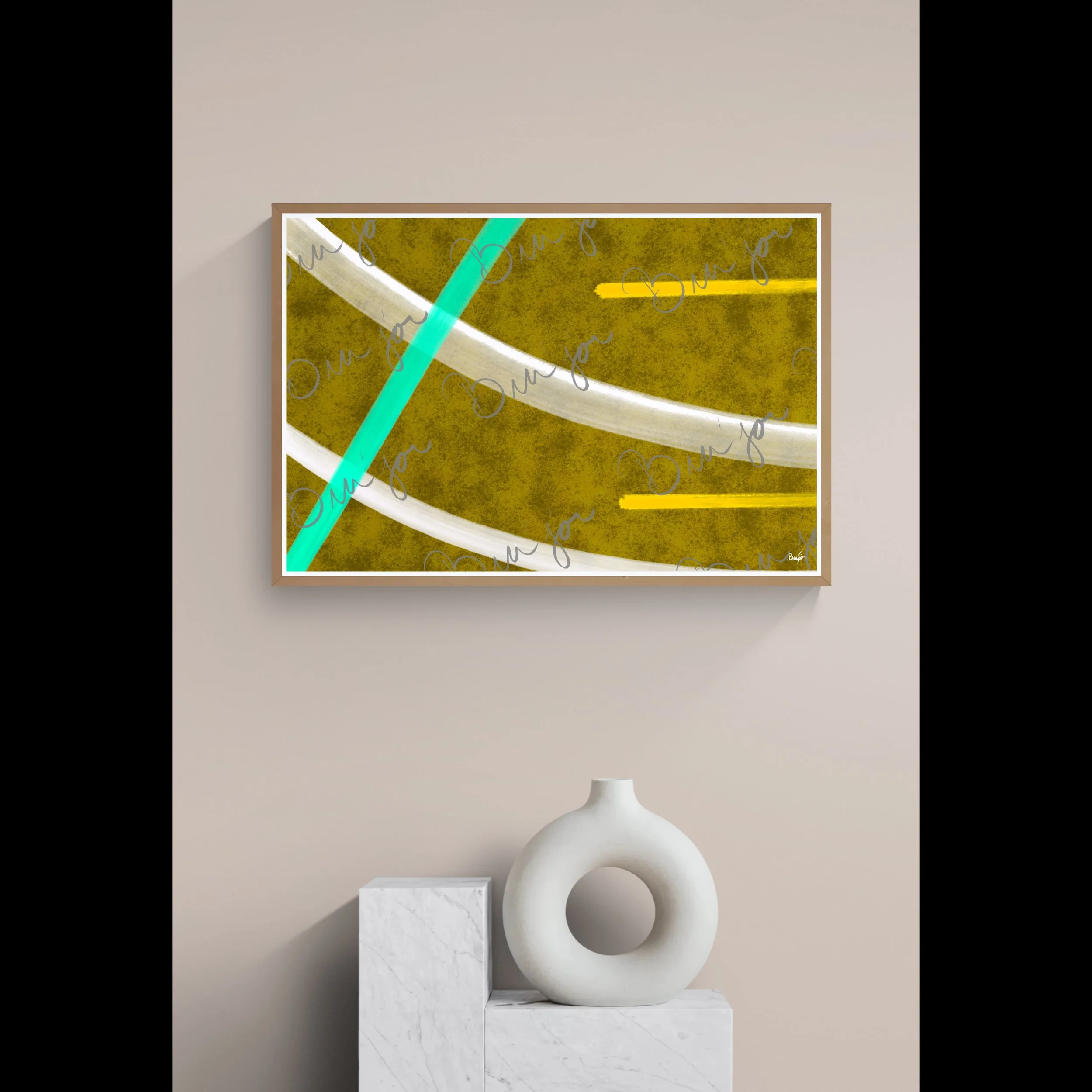 Framed Abstract artwork titled Hushed designed by the digital abstract artist Bra'jor. Artwork includes the colors Orange, Yellow, White, and Blue