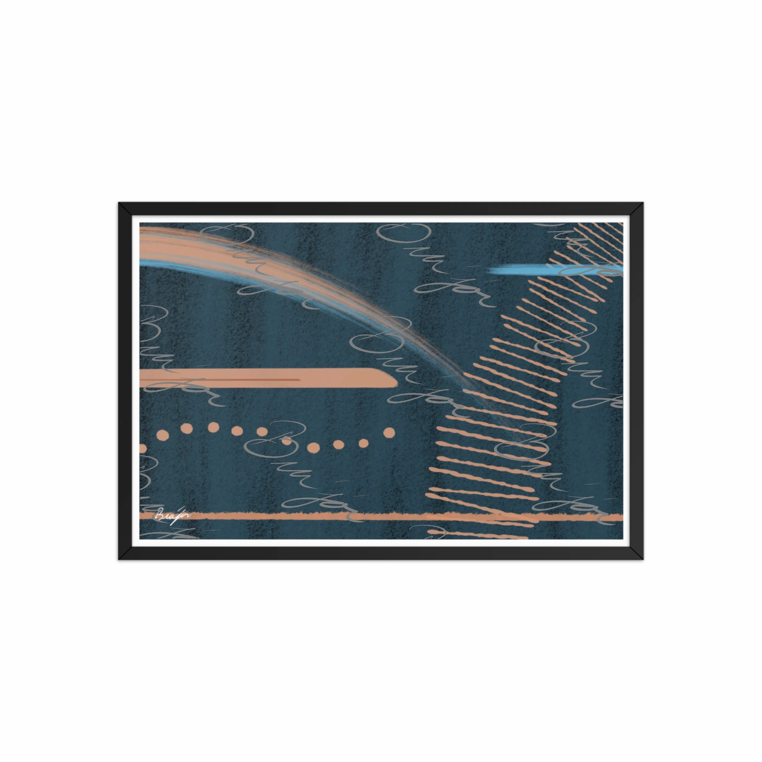 20x30 Black Framed abstract artwork titled Effort designed by the digital abstract artist Bra'jor. Artwork includes the colors Black, Blue, Brown, and Tan