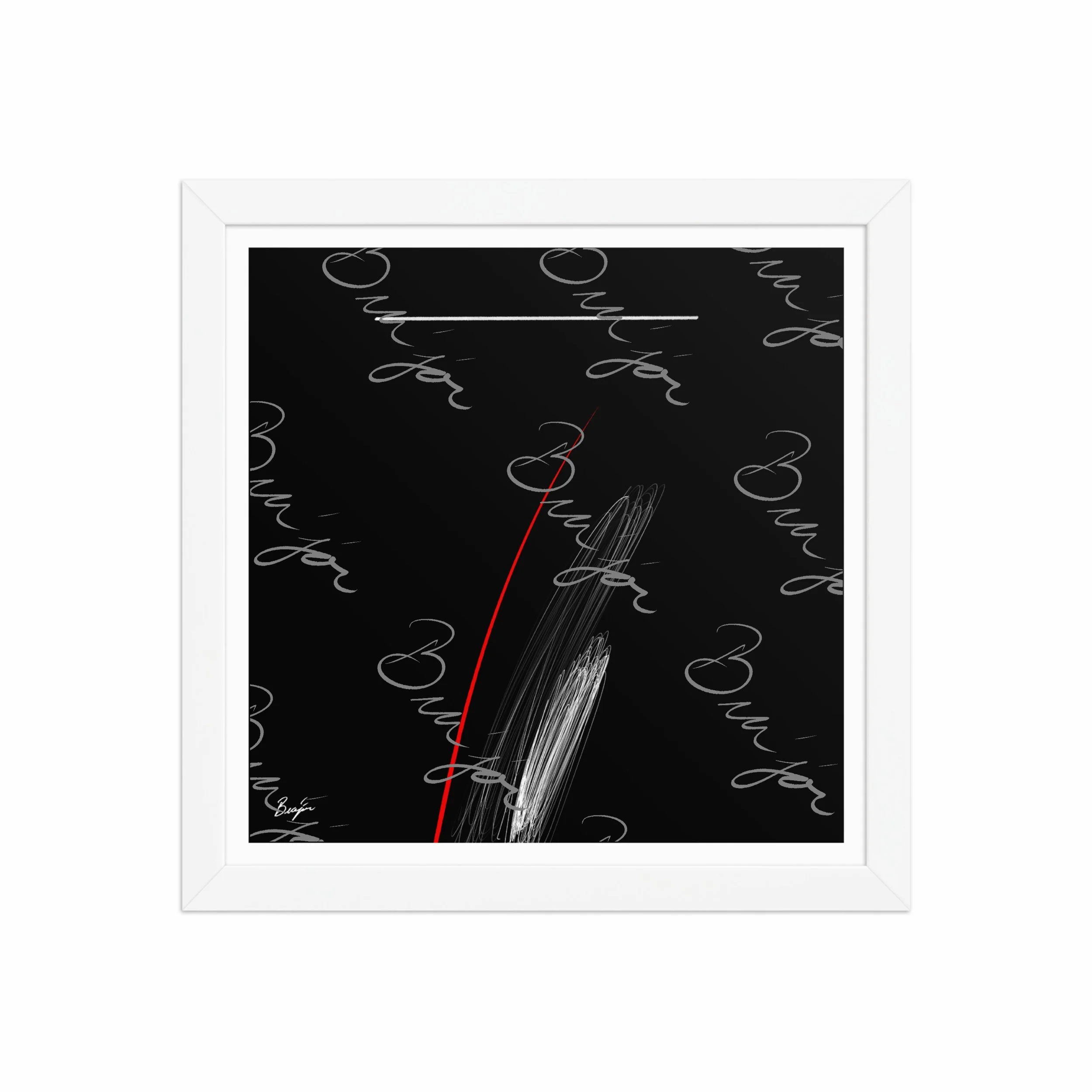 12x12 White Framed Self Titled Abstract artwork ‘Bra’jor’ designed by the digital abstract artist Bra'jor. Artwork includes the colors Black, Red, and White