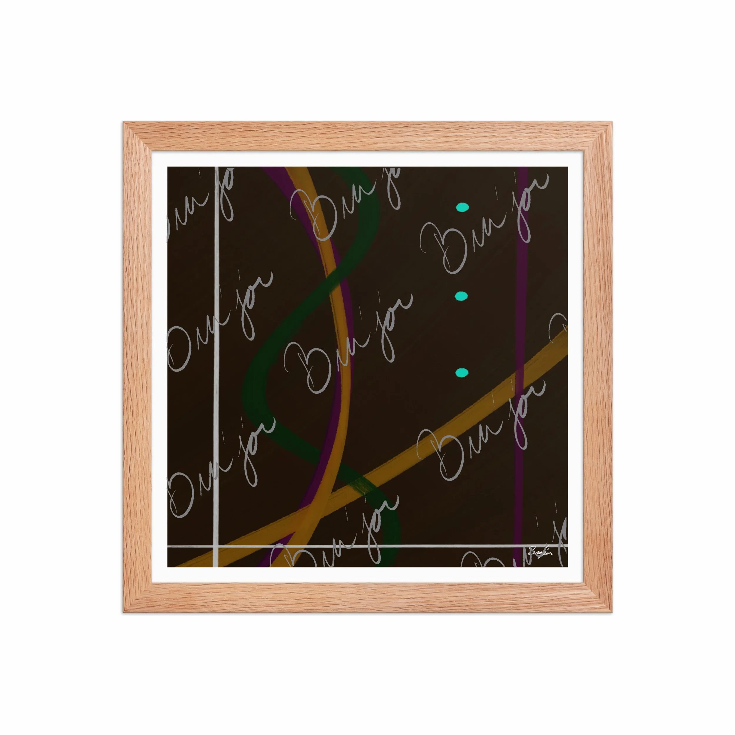 12x12 Red Oak Framed Abstract artwork titled Button Up designed by the digital abstract artist Bra'jor. Artwork includes the colors Orange, Purple, Green, White, and Brown