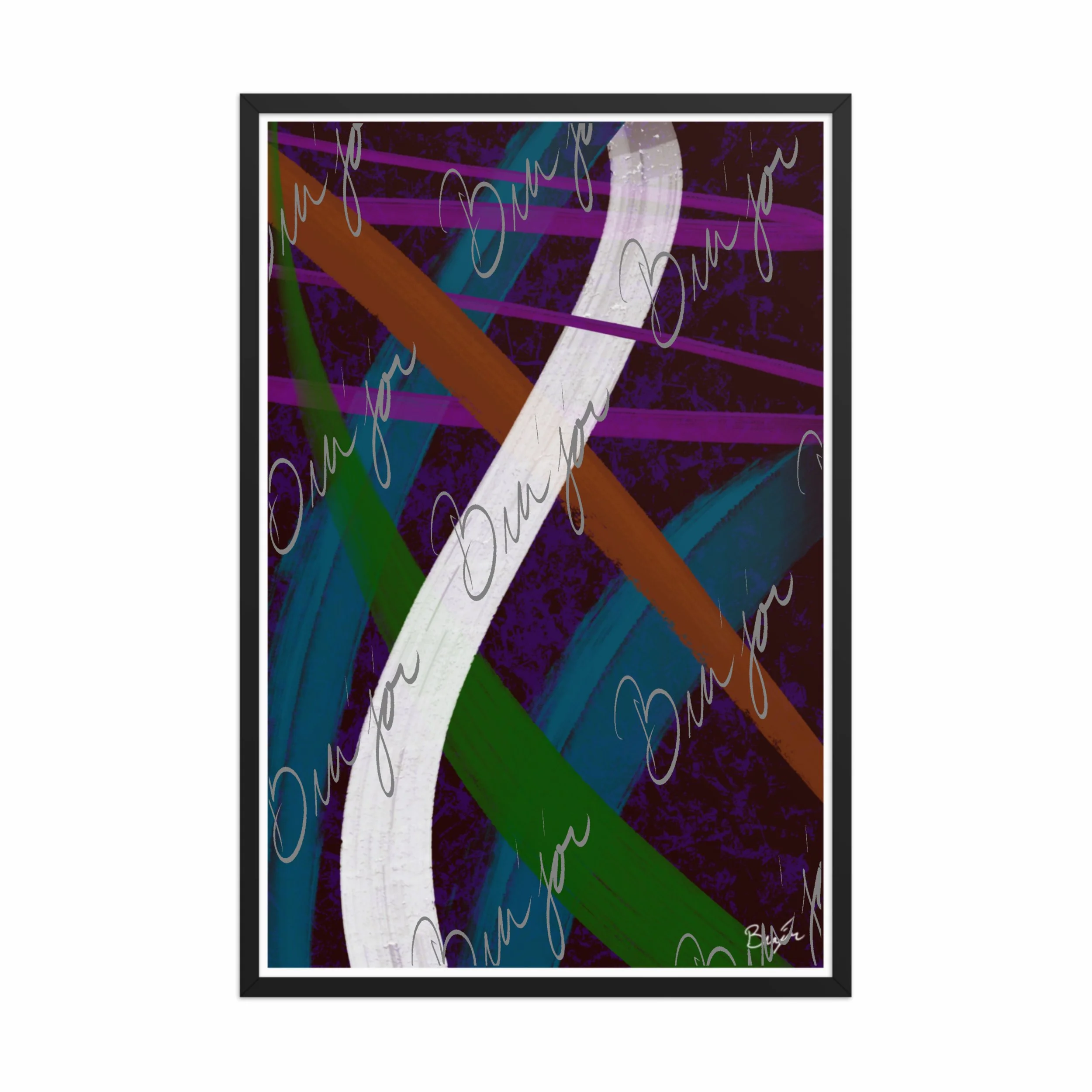 24x36 Black Framed Abstract artwork titled Adventures designed by the digital abstract artist Bra'jor. Artwork includes the colors Purple, Blue, Orange, and White
