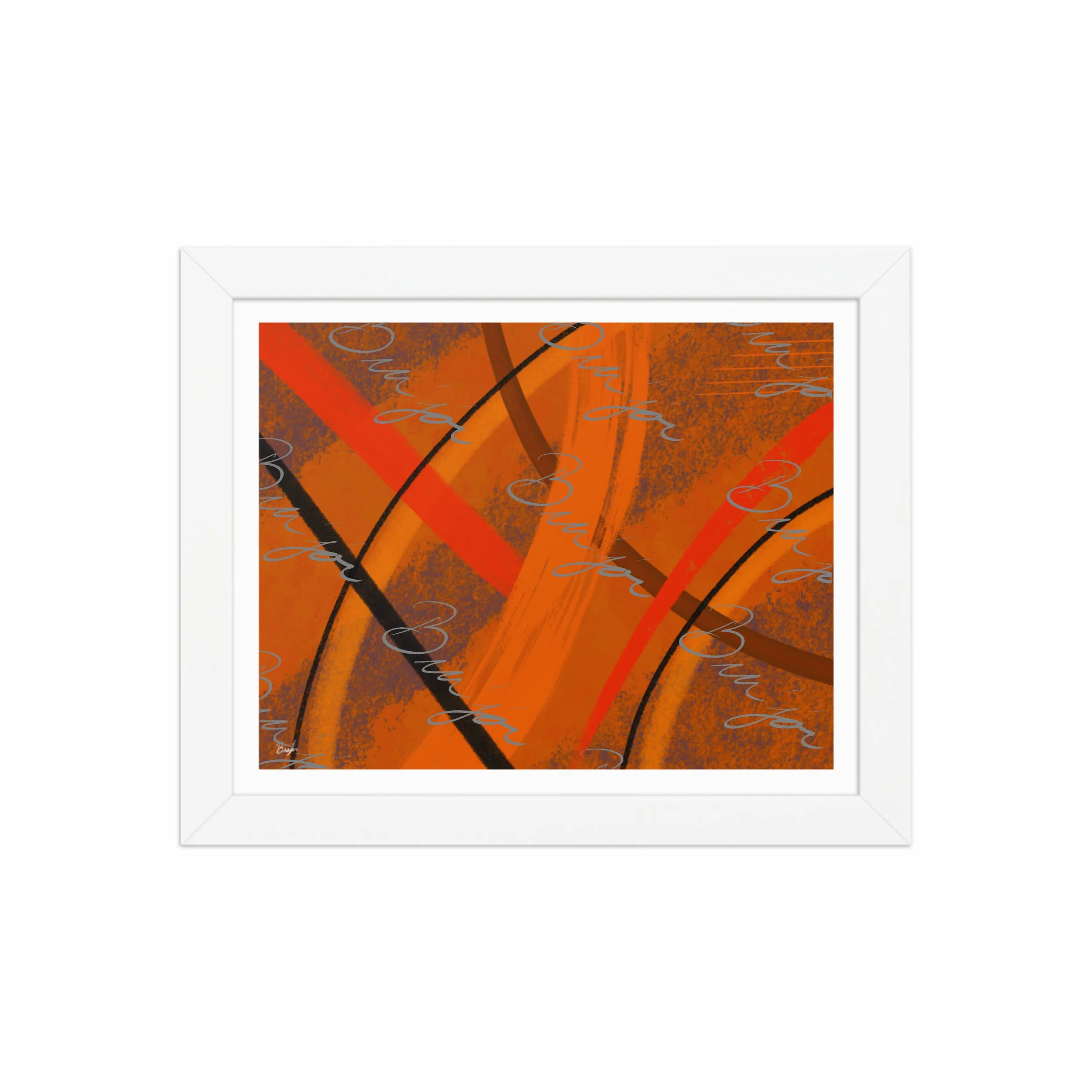 8x10 White Framed Abstract artwork titled Challenges designed by the digital abstract artist Bra'jor. Artwork includes the colors Orange, Brown, Blue, and Black