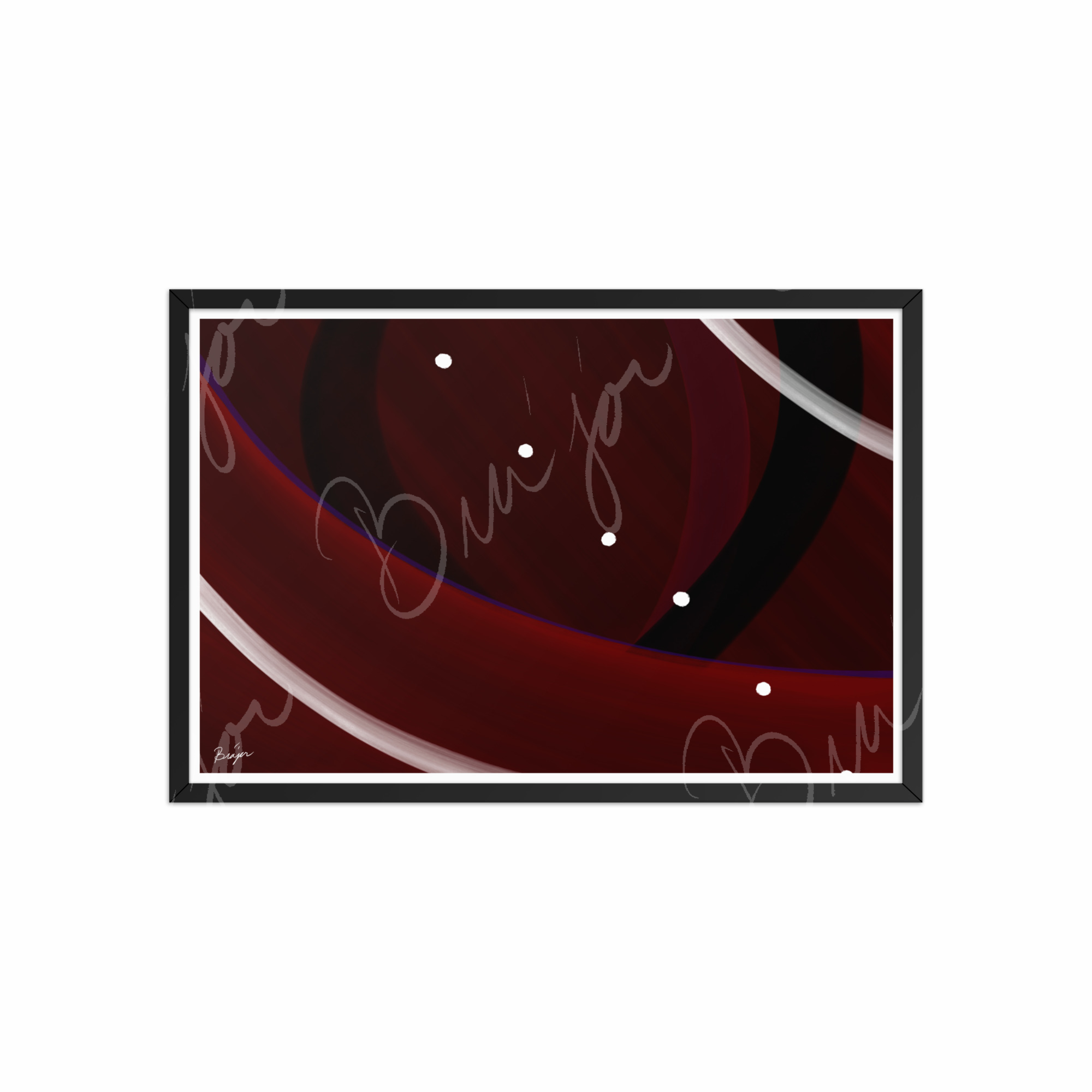 20x30 Black Framed Abstract artwork titled Trail Back designed by the digital abstract artist Bra'jor. Artwork includes the colors Red, Black, Purple, and White