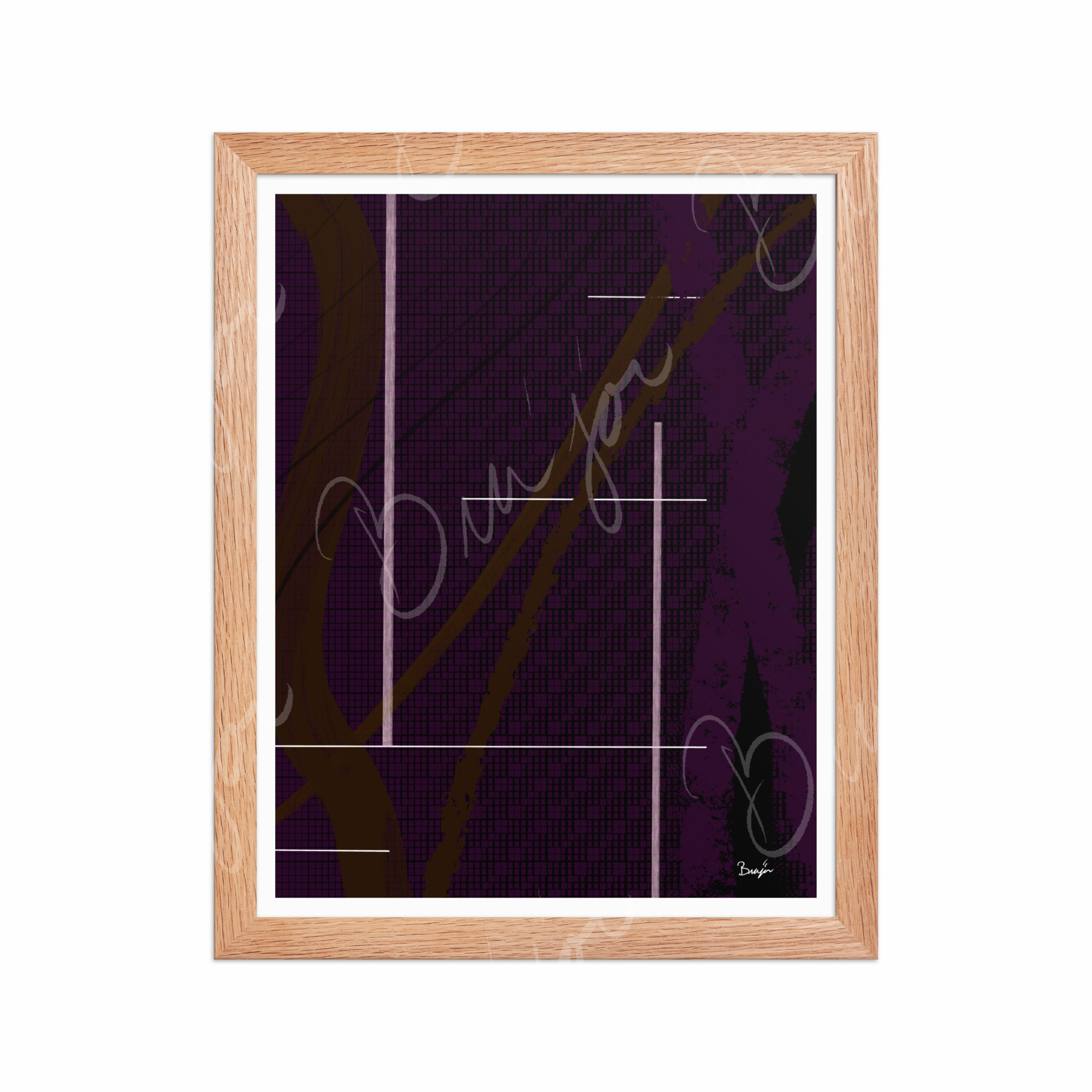 11x14 Red Oak Framed Abstract artwork titled Out of the Box designed by the digital abstract artist Bra'jor. Artwork includes the colors Purple, Brown, Black, and White