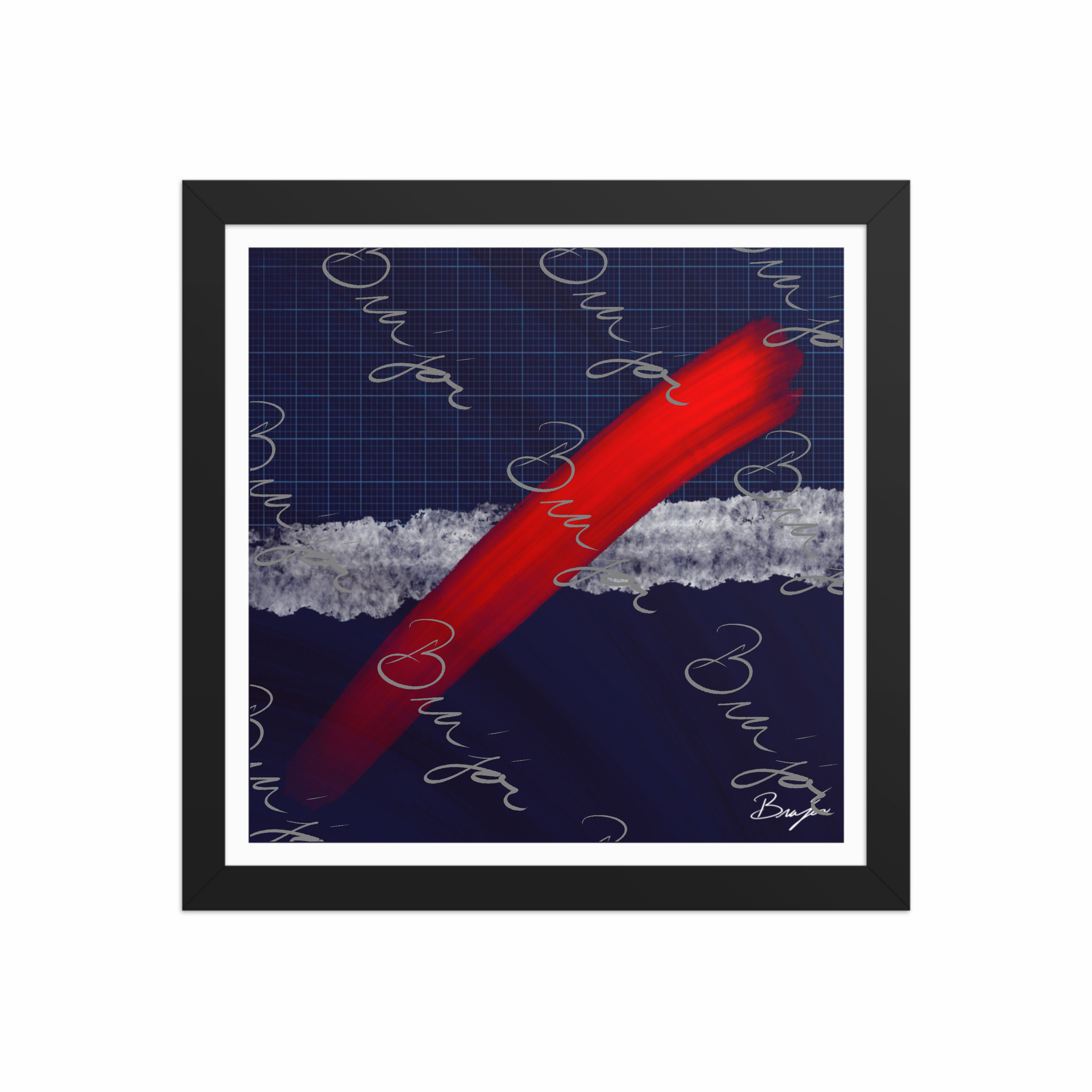12x12 Black Framed abstract artwork titled Strike designed by the digital abstract artist Bra'jor. Artwork includes the colors Red, Blue, white, and Gray