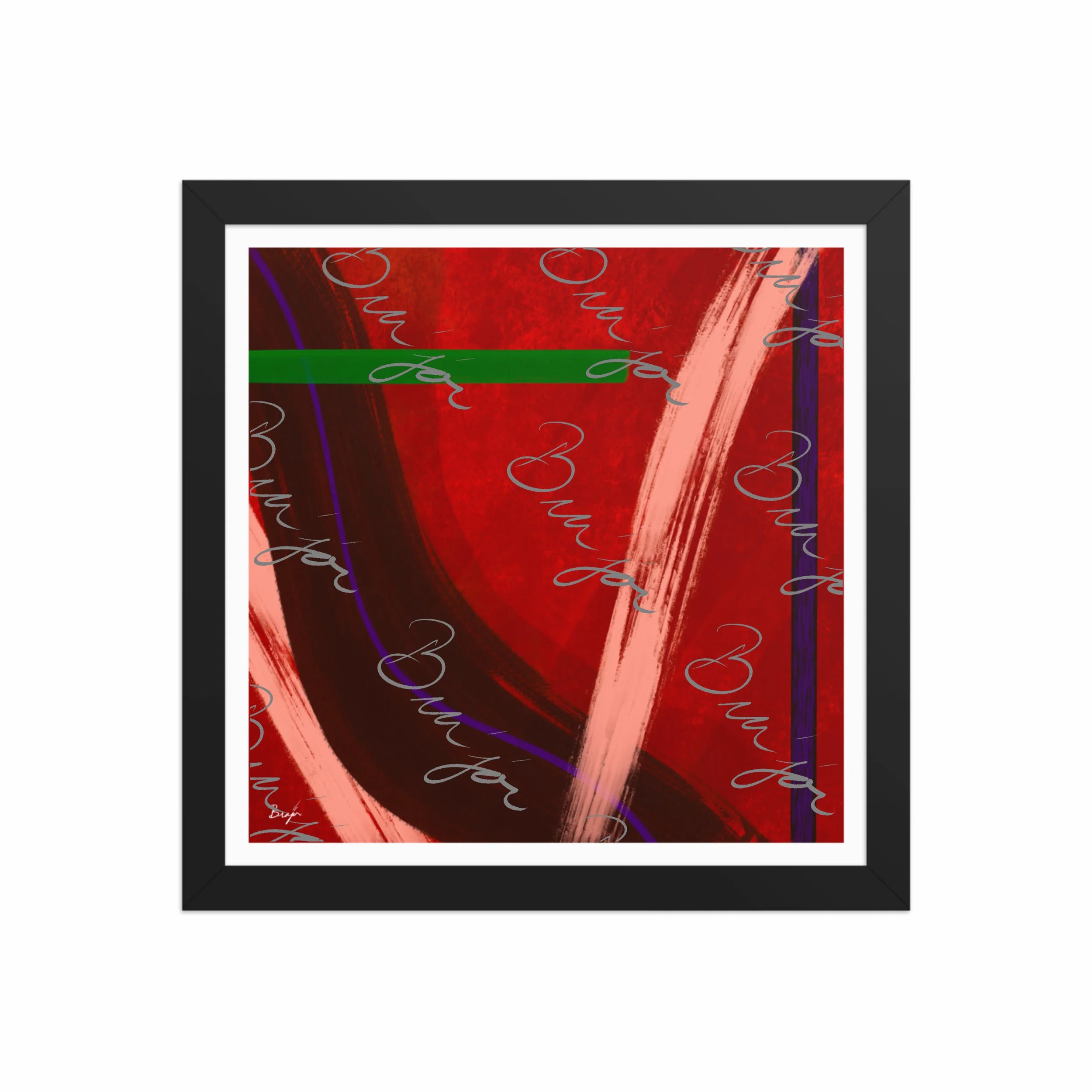 12x12 Black Framed abstract artwork titled Feelings designed by the digital abstract artist Bra'jor. Artwork includes the colors Red, Orange, Purple, and Green