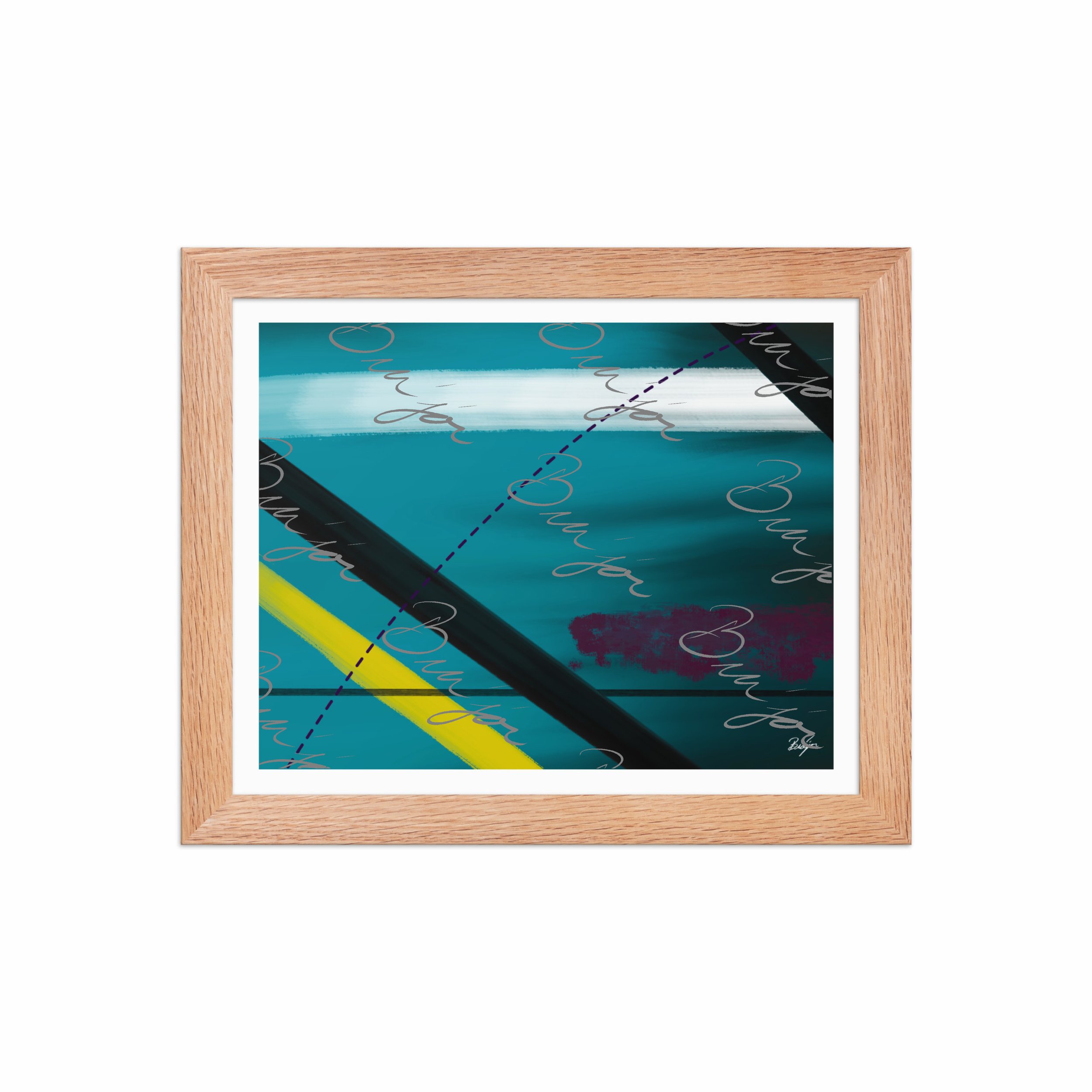 8x10 Red Oak Framed Abstract artwork titled First designed by the digital abstract artist Bra'jor. Artwork includes the colors Blue, Yellow, Black, Purple, and White
